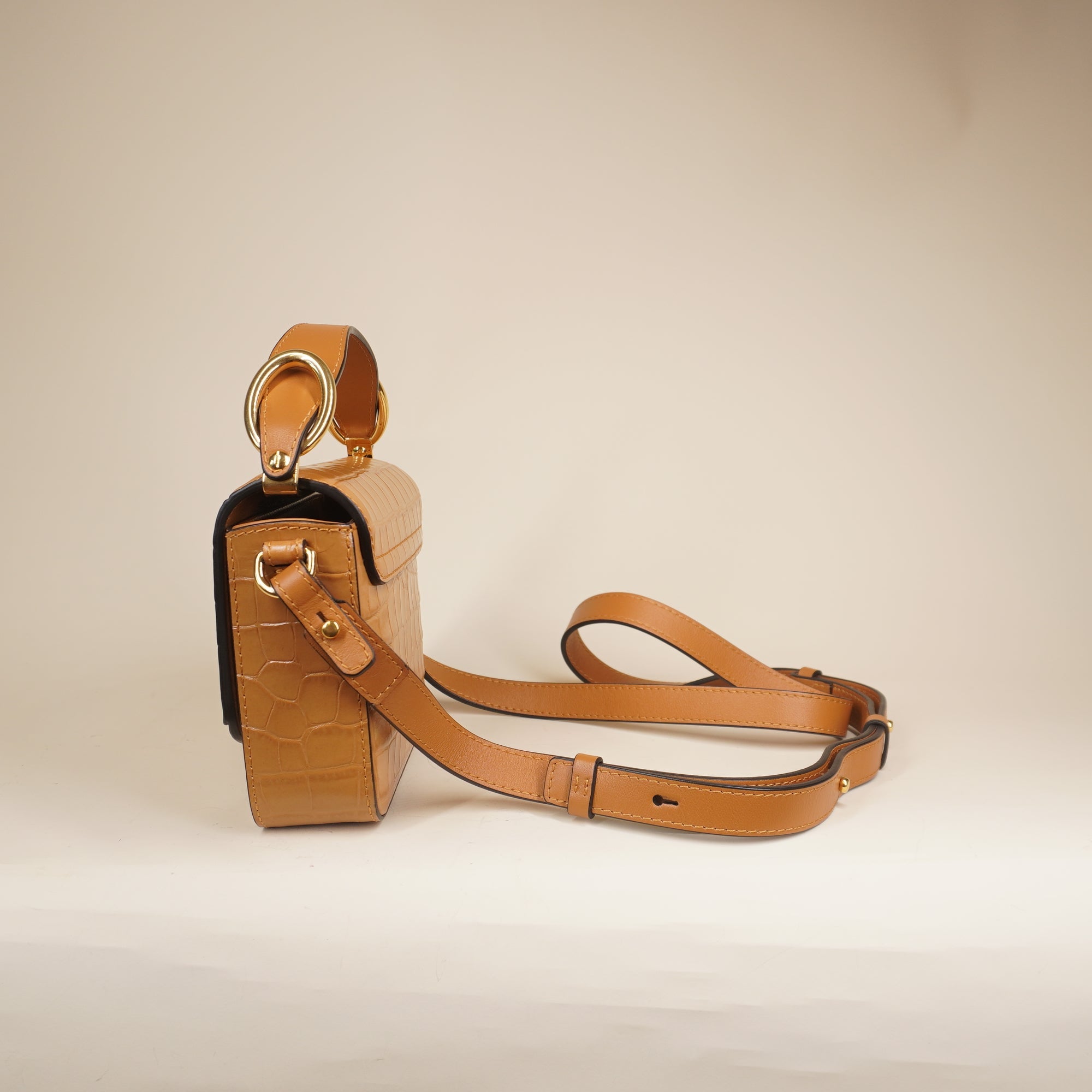 PRE-OWNED Calfskin Crocodile Embossed Mini C Bag Stormy Brown