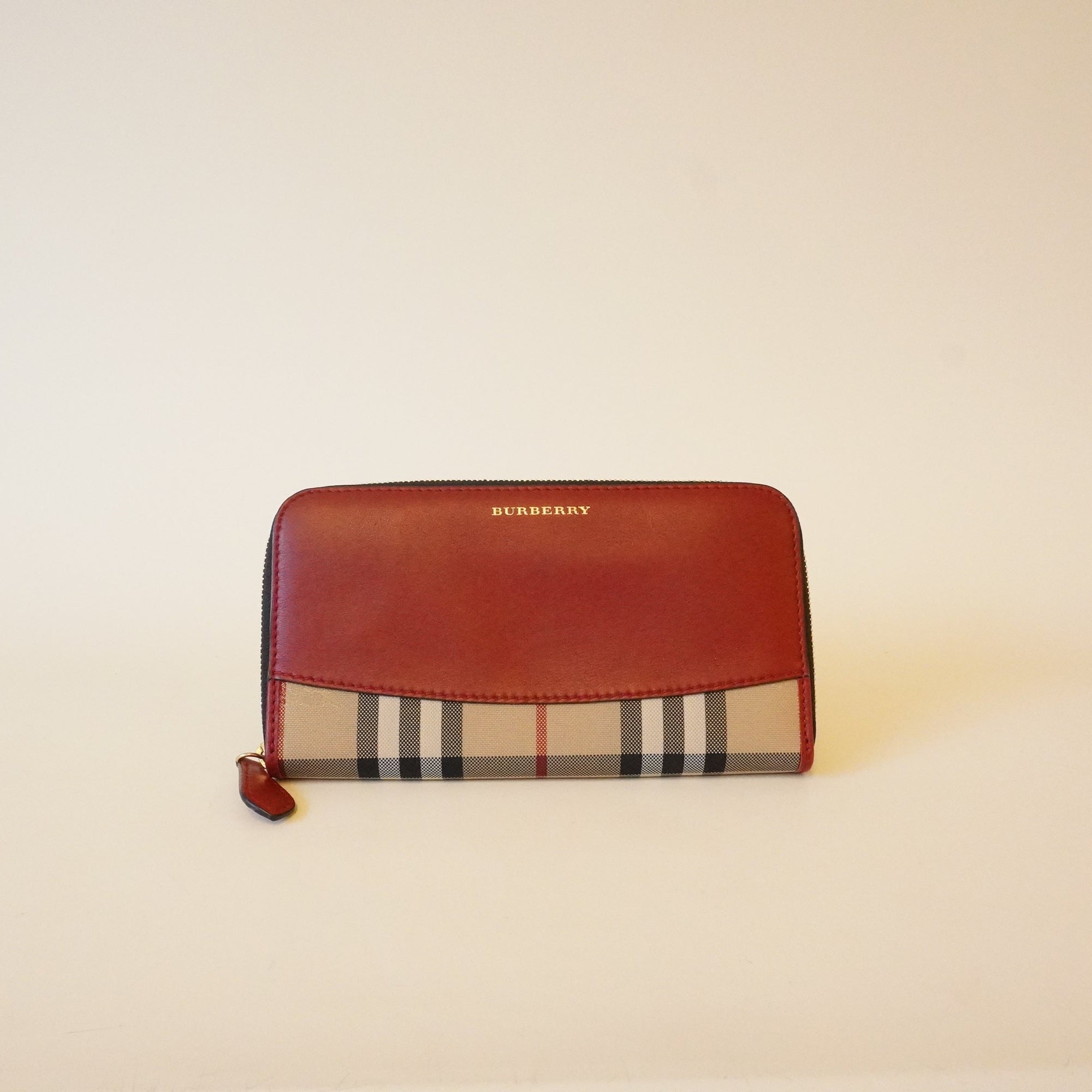 PRE-OWNED Red Grainy Calfskin House Check Elmore Zip Around Wallet