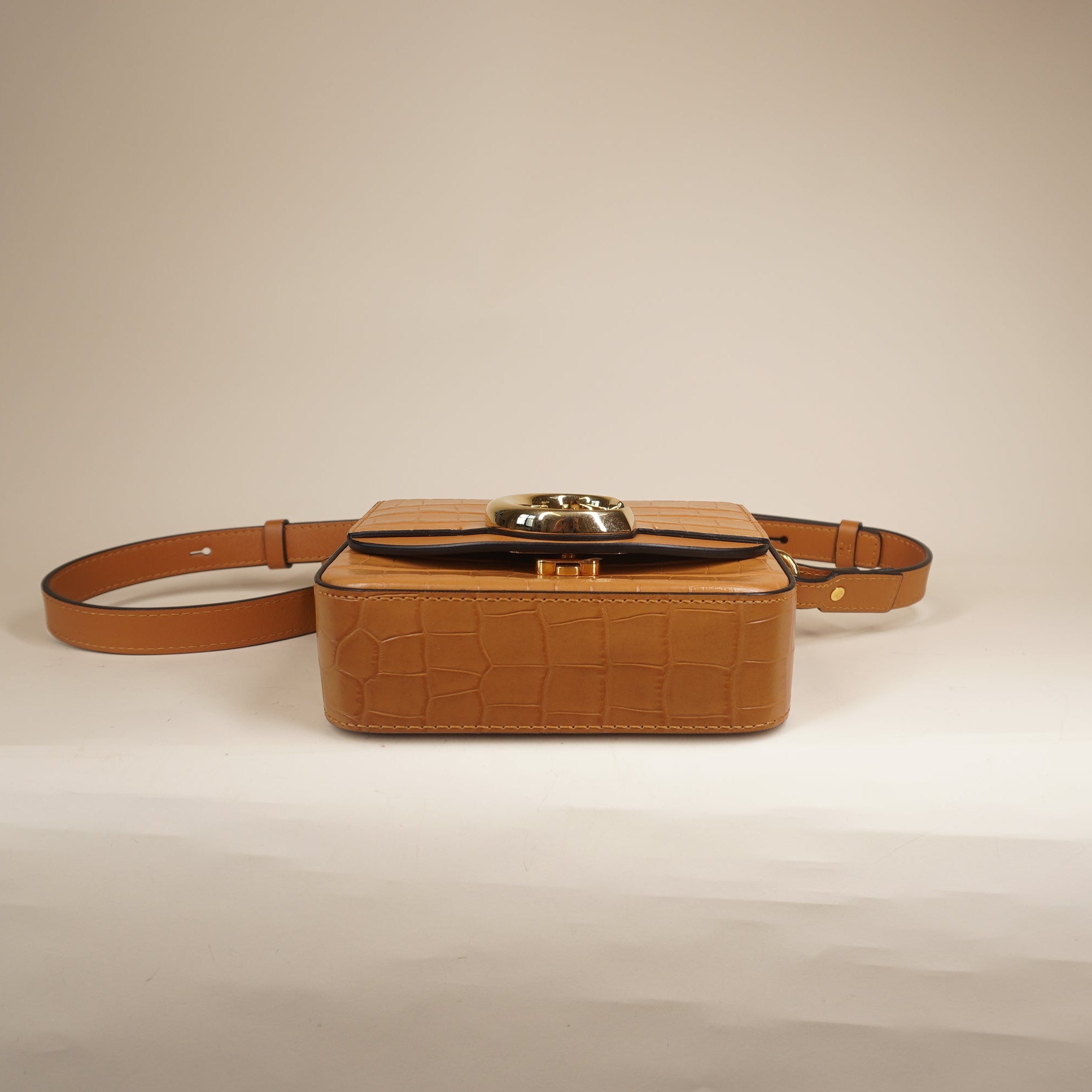 PRE-OWNED Calfskin Crocodile Embossed Mini C Bag Stormy Brown