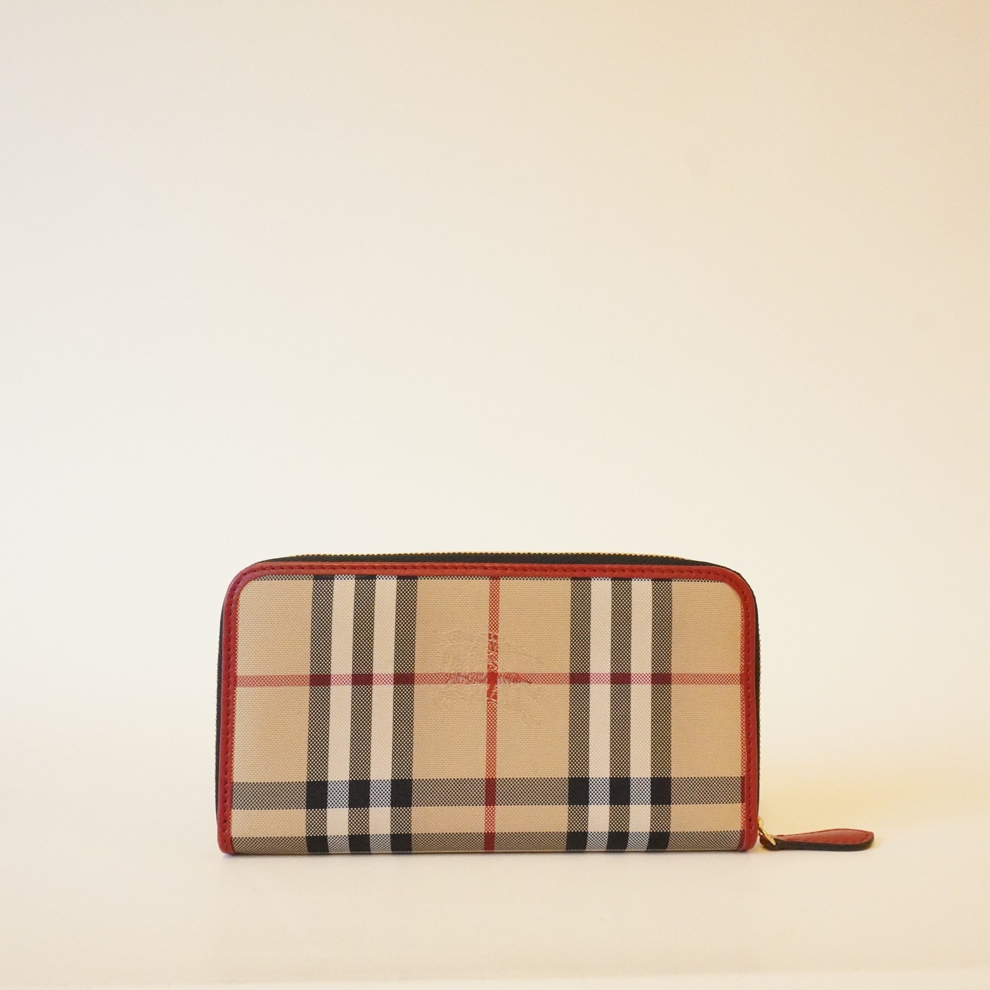 PRE-OWNED Red Grainy Calfskin House Check Elmore Zip Around Wallet