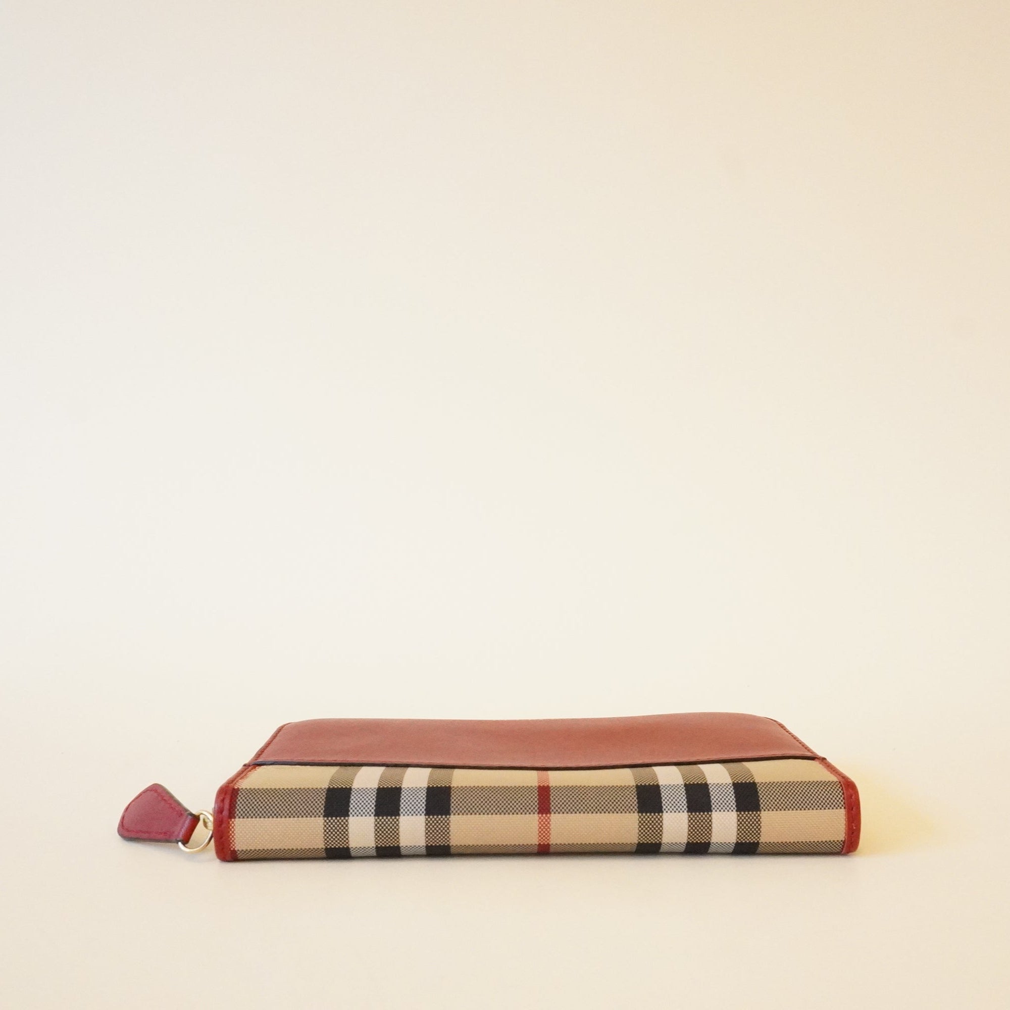 PRE-OWNED Red Grainy Calfskin House Check Elmore Zip Around Wallet