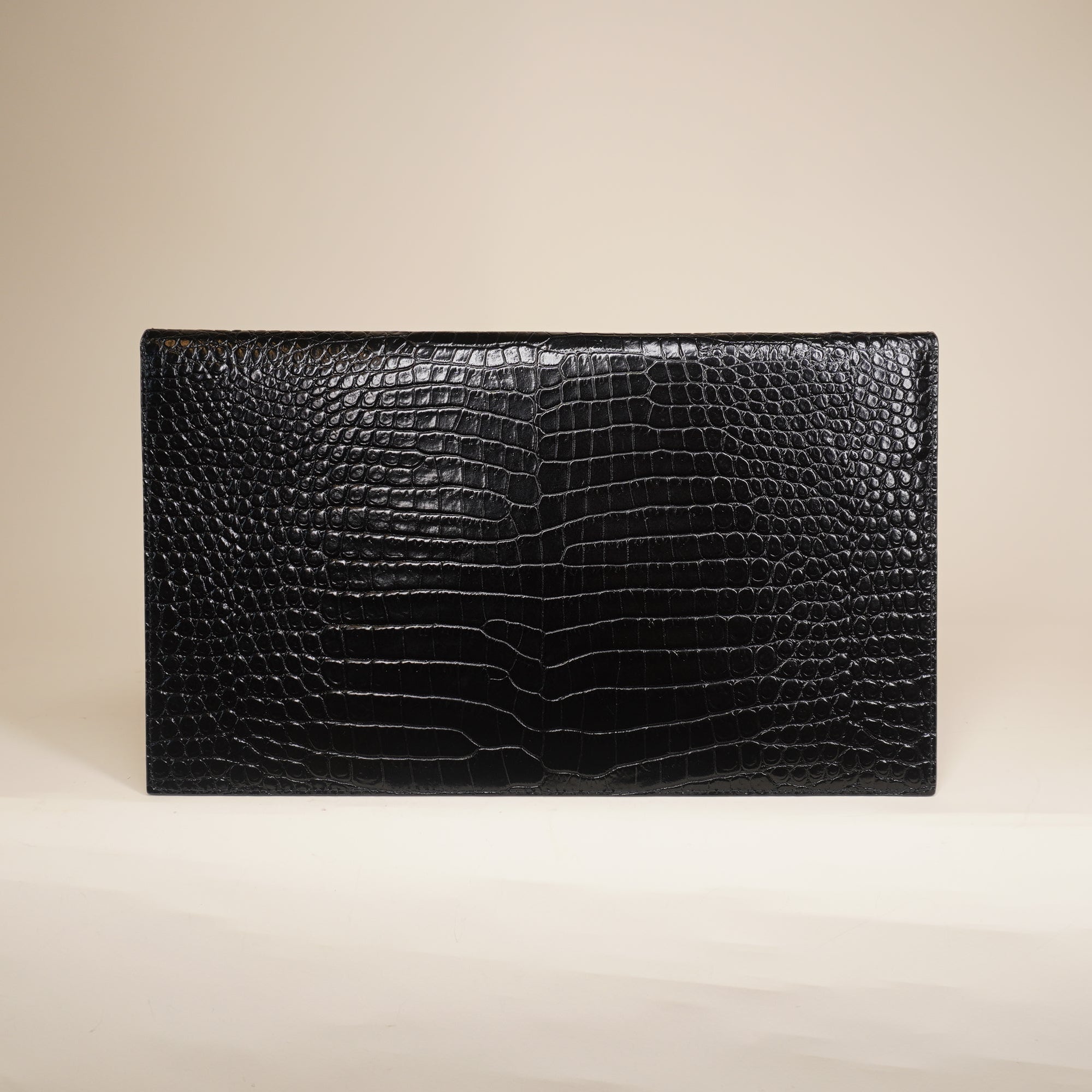 PRE-OWNED YSL Uptown Clutch Crocodile Embossed Black Leather
