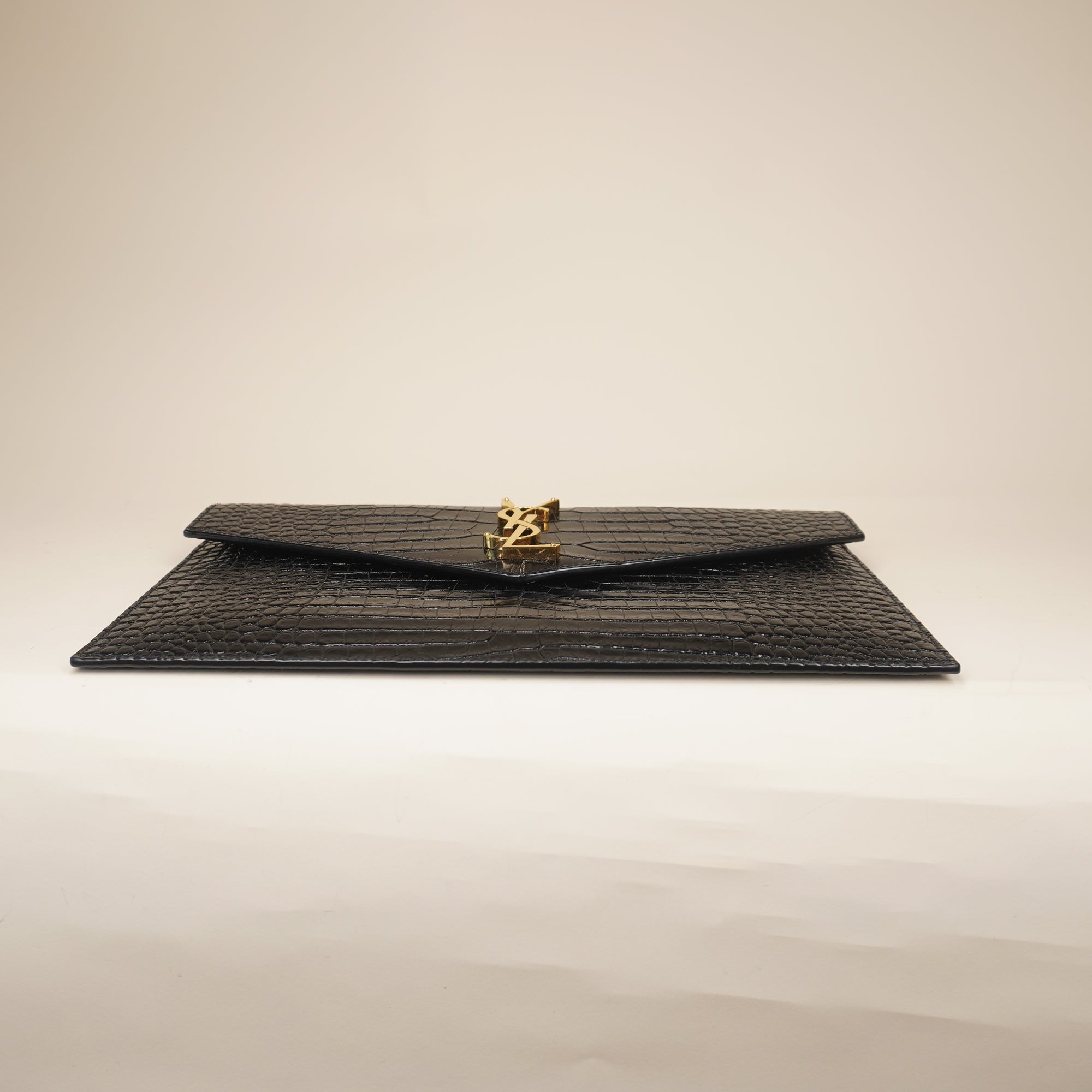 PRE-OWNED YSL Uptown Clutch Crocodile Embossed Black Leather