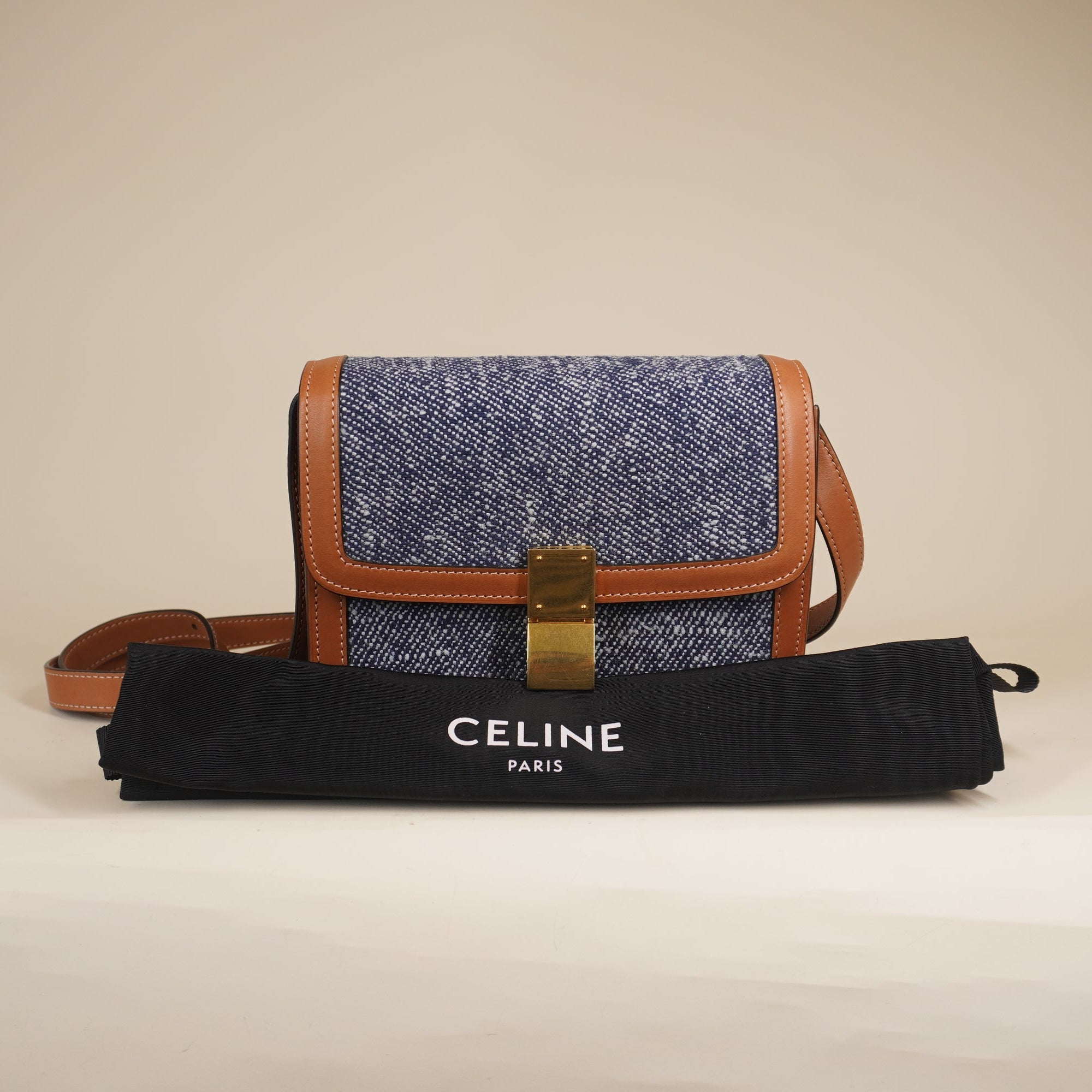 Blue Brown Denim and Leather Teen Box Flap Shoulder Bag