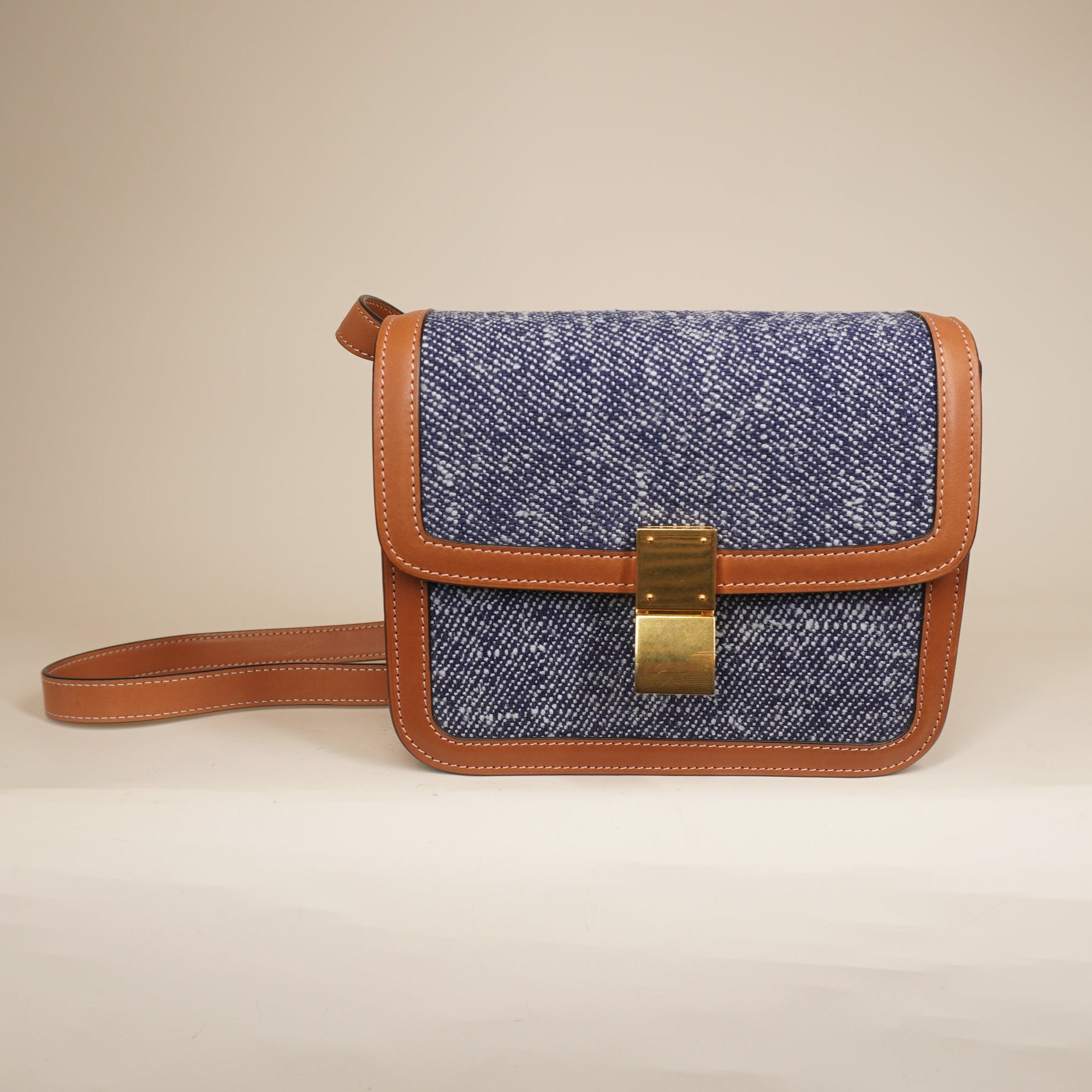 Blue Brown Denim and Leather Teen Box Flap Shoulder Bag