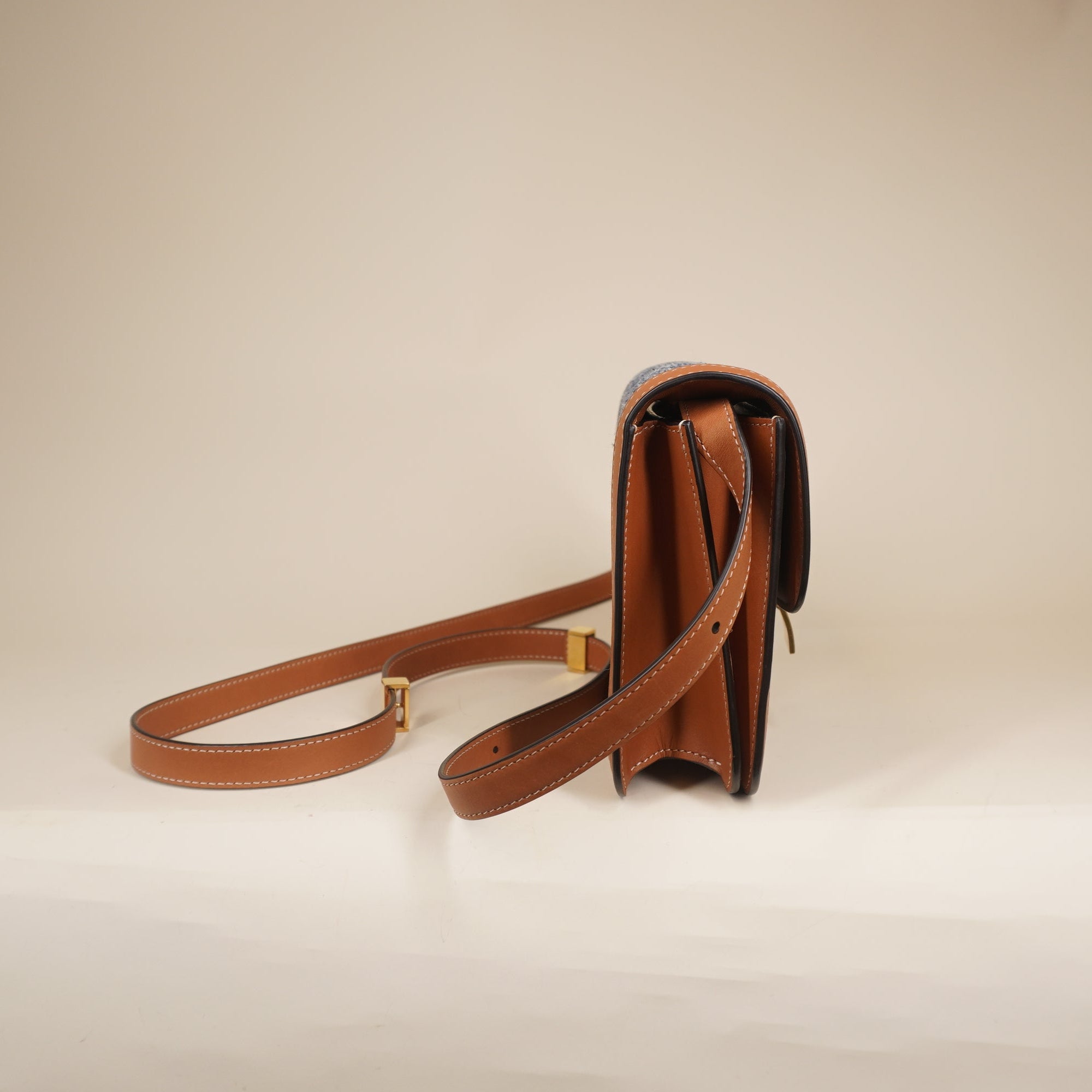 Blue Brown Denim and Leather Teen Box Flap Shoulder Bag