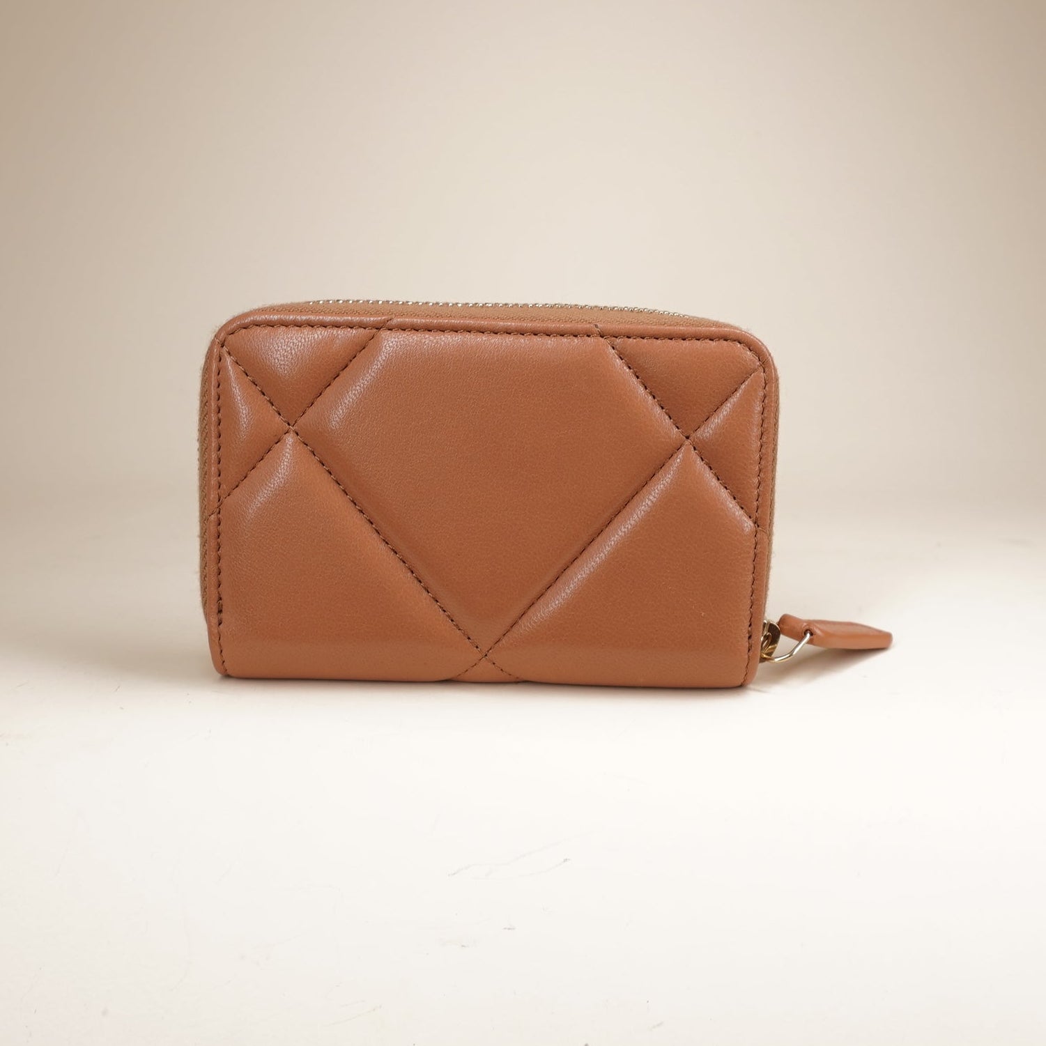 PRE-OWNED Lambskin Quilted Chanel 19 Zip Around Coin Purse Wallet Brown