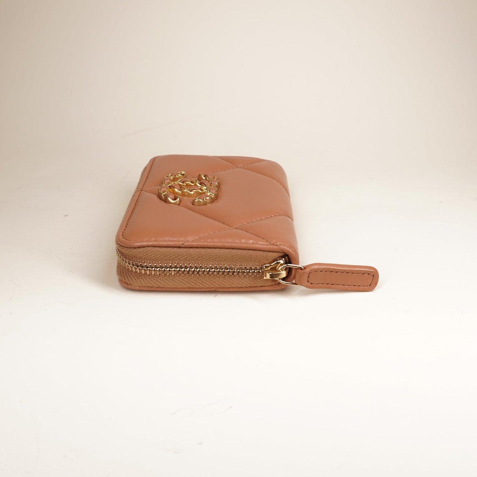 PRE-OWNED Lambskin Quilted Chanel 19 Zip Around Coin Purse Wallet Brown