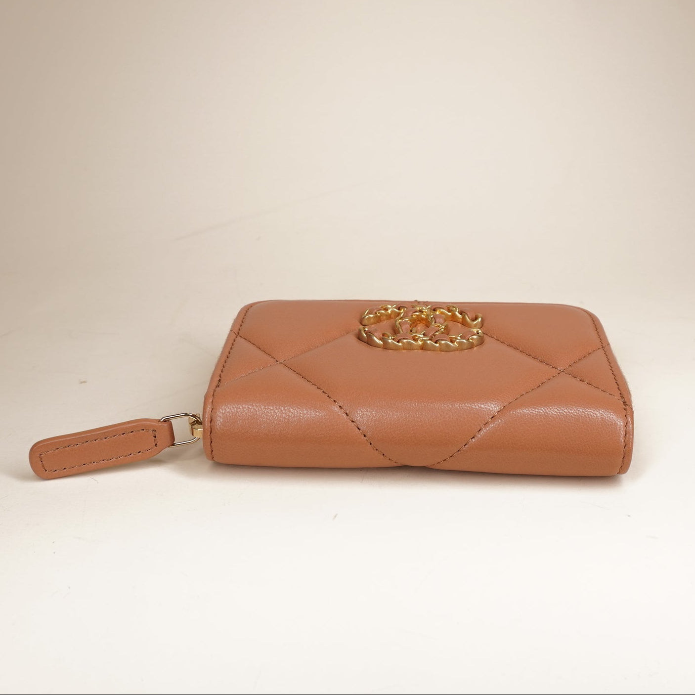 PRE-OWNED Lambskin Quilted Chanel 19 Zip Around Coin Purse Wallet Brown