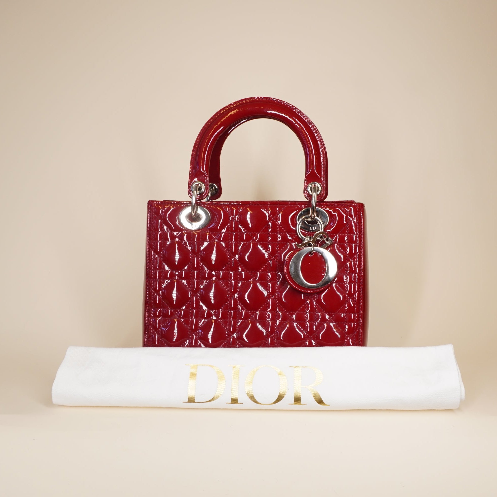 PRE-OWNED Cherry Red Patent Cannage Calfskin Medium Lady Dior