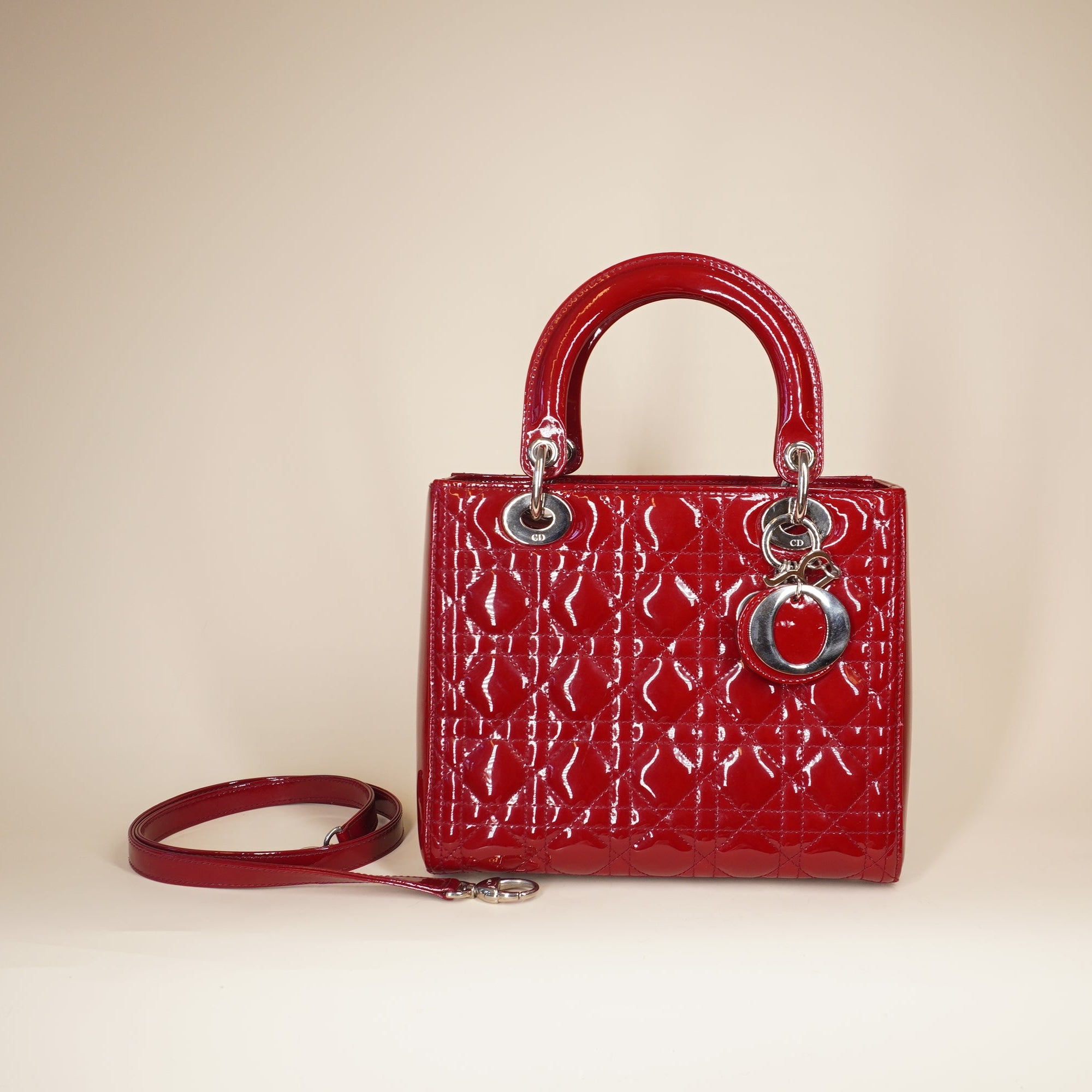 PRE-OWNED Cherry Red Patent Cannage Calfskin Medium Lady Dior