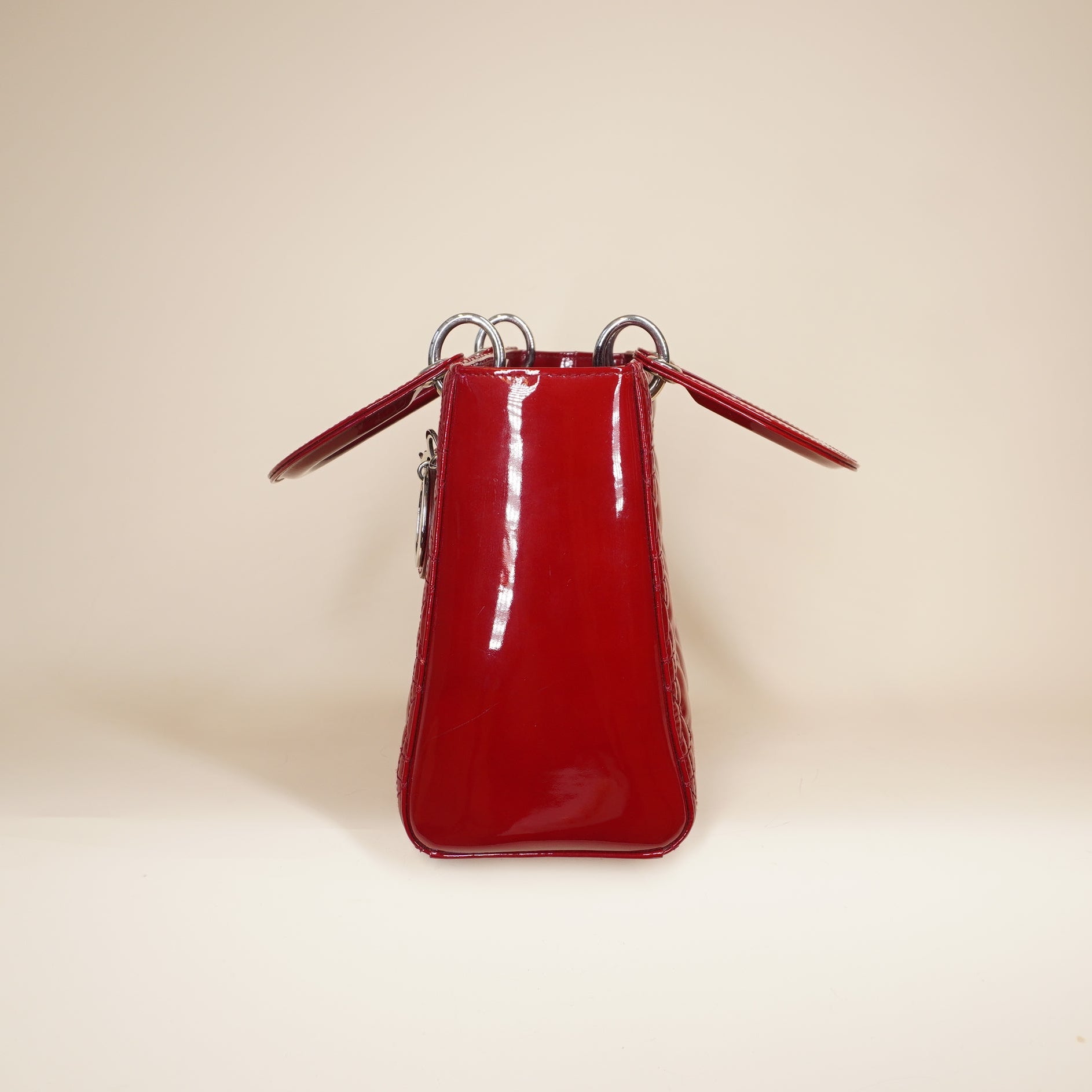 PRE-OWNED Cherry Red Patent Cannage Calfskin Medium Lady Dior