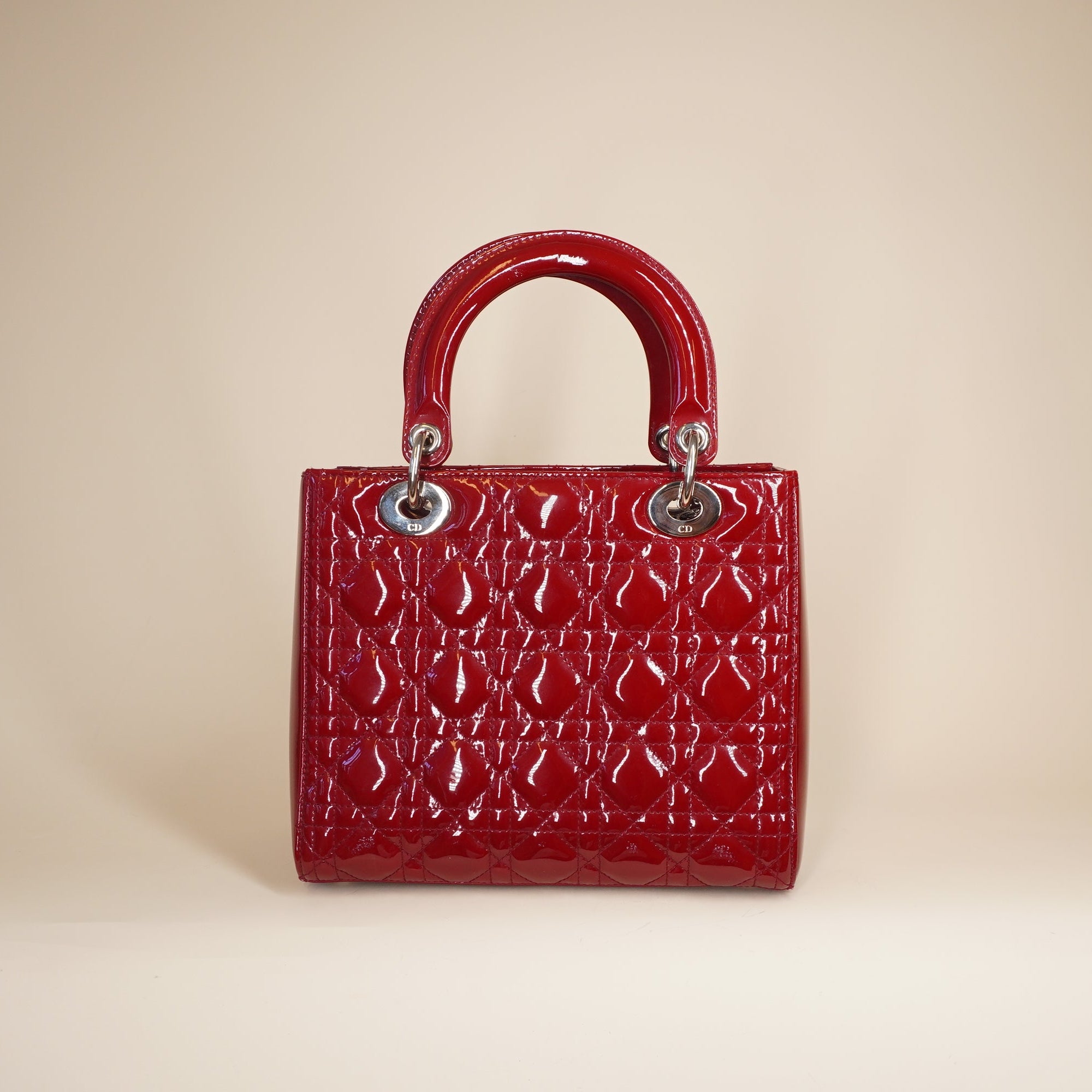 PRE-OWNED Cherry Red Patent Cannage Calfskin Medium Lady Dior