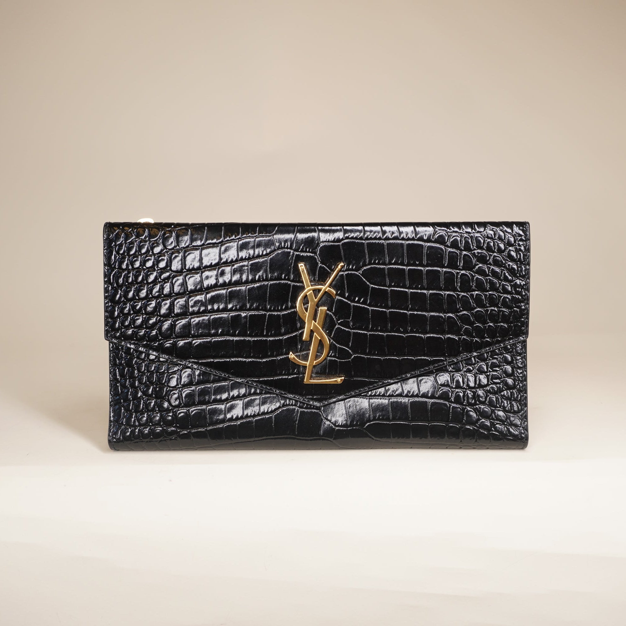 PRE-OWNED Black Croc Uptown Clutch
