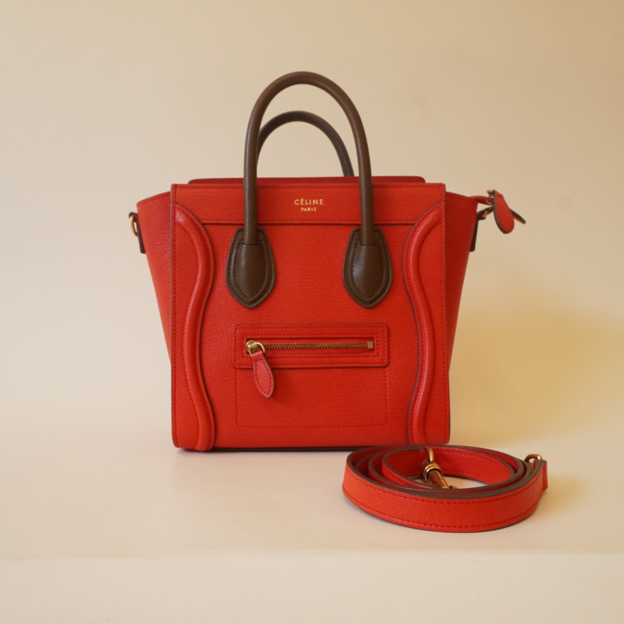 PRE-OWNED Bicolor Luggage Bag Grainy Leather Nano Shoulder Bag