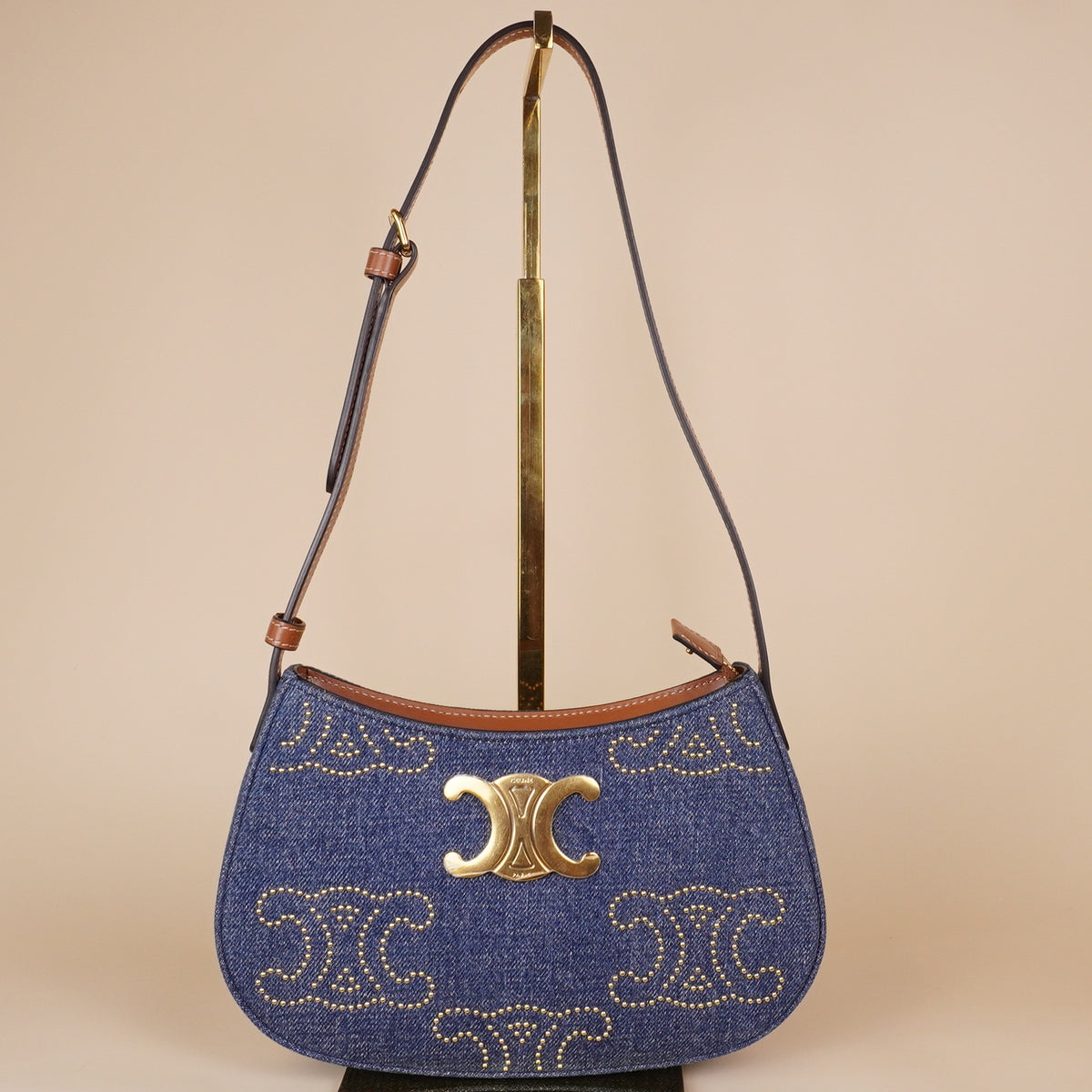PRE-OWNED Studded Triomphe Denim Shoulder Bag