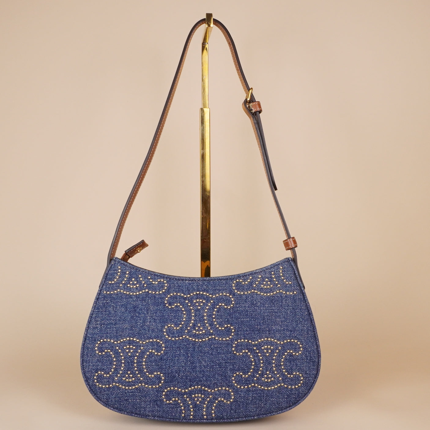PRE-OWNED Studded Triomphe Denim Shoulder Bag