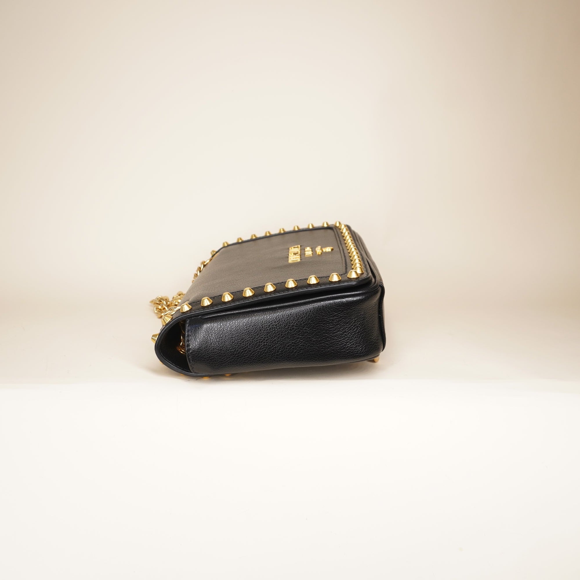 PRE-OWNED Black Pattina Glace Calf Leather Studded Flap Chain Crossbody Bag