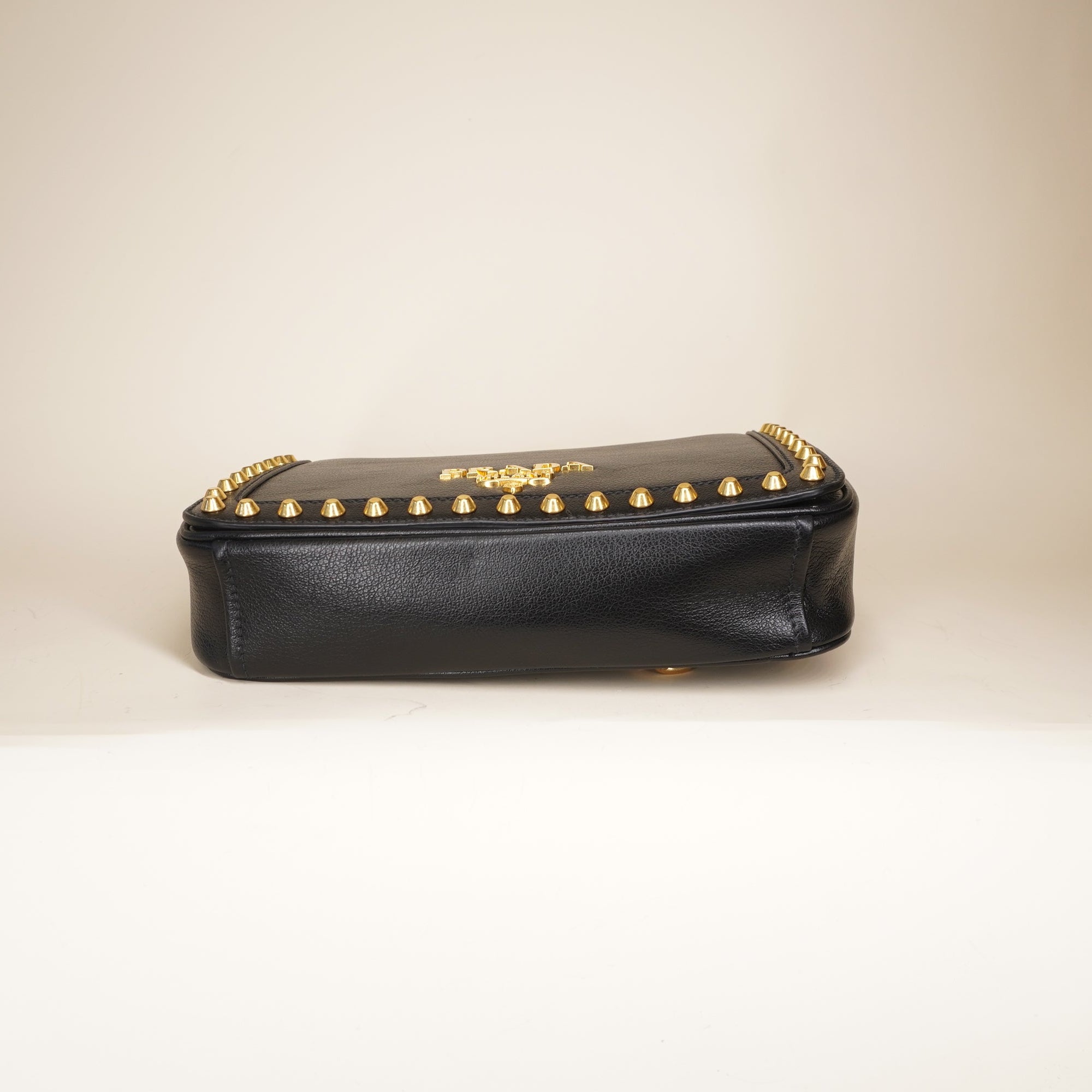 PRE-OWNED Black Pattina Glace Calf Leather Studded Flap Chain Crossbody Bag