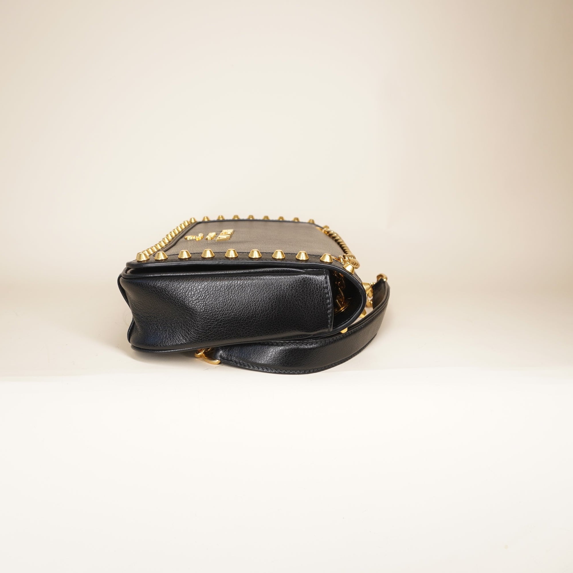 PRE-OWNED Black Pattina Glace Calf Leather Studded Flap Chain Crossbody Bag