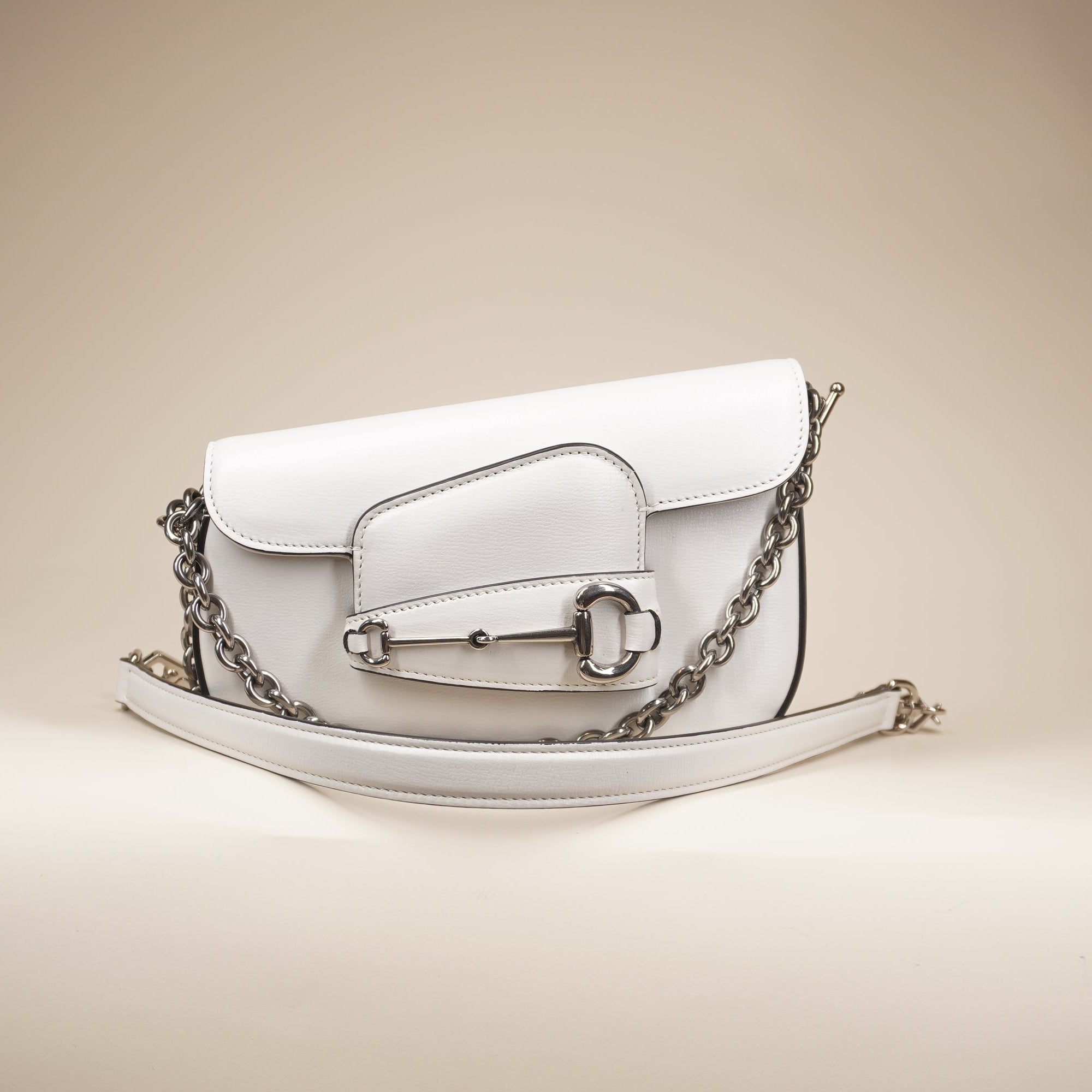 PRE-OWNED Calfskin Mini Horsebit 1955 Asymmetric Shoulder Bag White