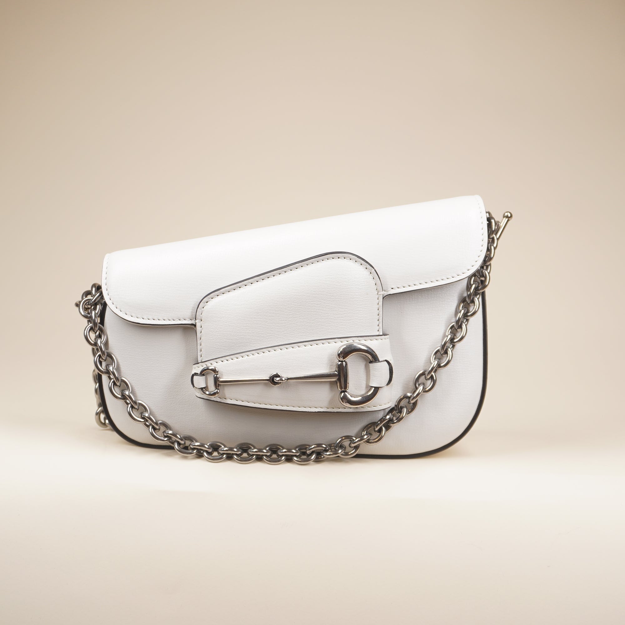 PRE-OWNED Calfskin Mini Horsebit 1955 Asymmetric Shoulder Bag White
