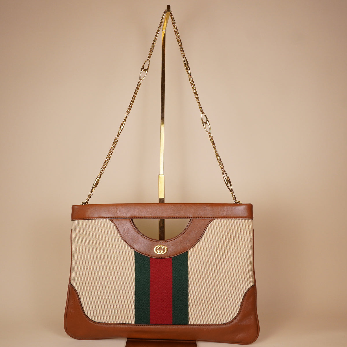 PRE-OWNED GG Canvas Large Vintage Shoulder Bag Brown