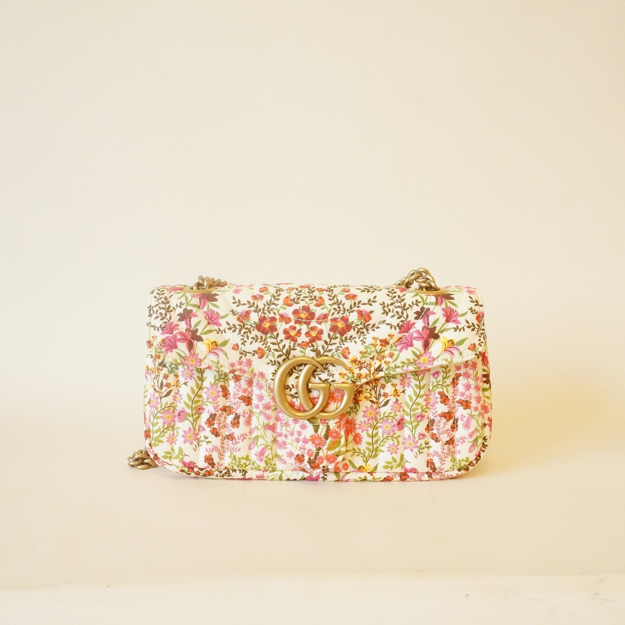 PRE-OWNED Cotton Calfskin Matelasse Floral Print Small GG Marmont Shoulder Bag