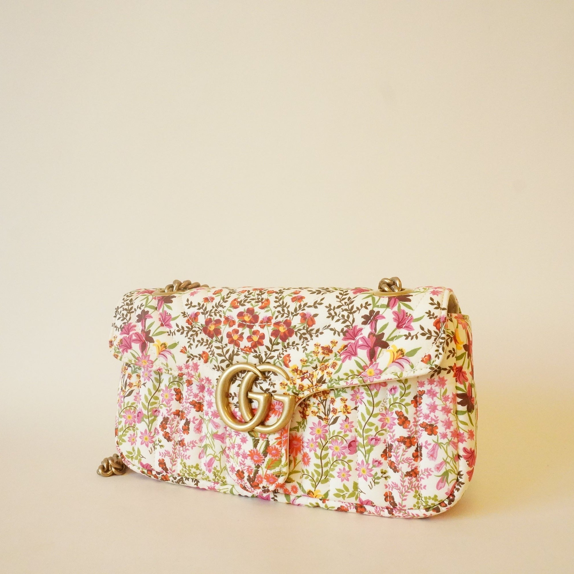PRE-OWNED Cotton Calfskin Matelasse Floral Print Small GG Marmont Shoulder Bag