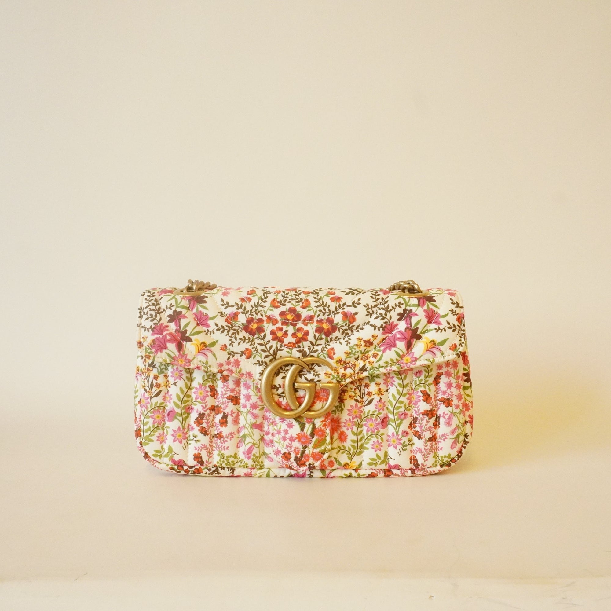 PRE-OWNED Cotton Calfskin Matelasse Floral Print Small GG Marmont Shoulder Bag