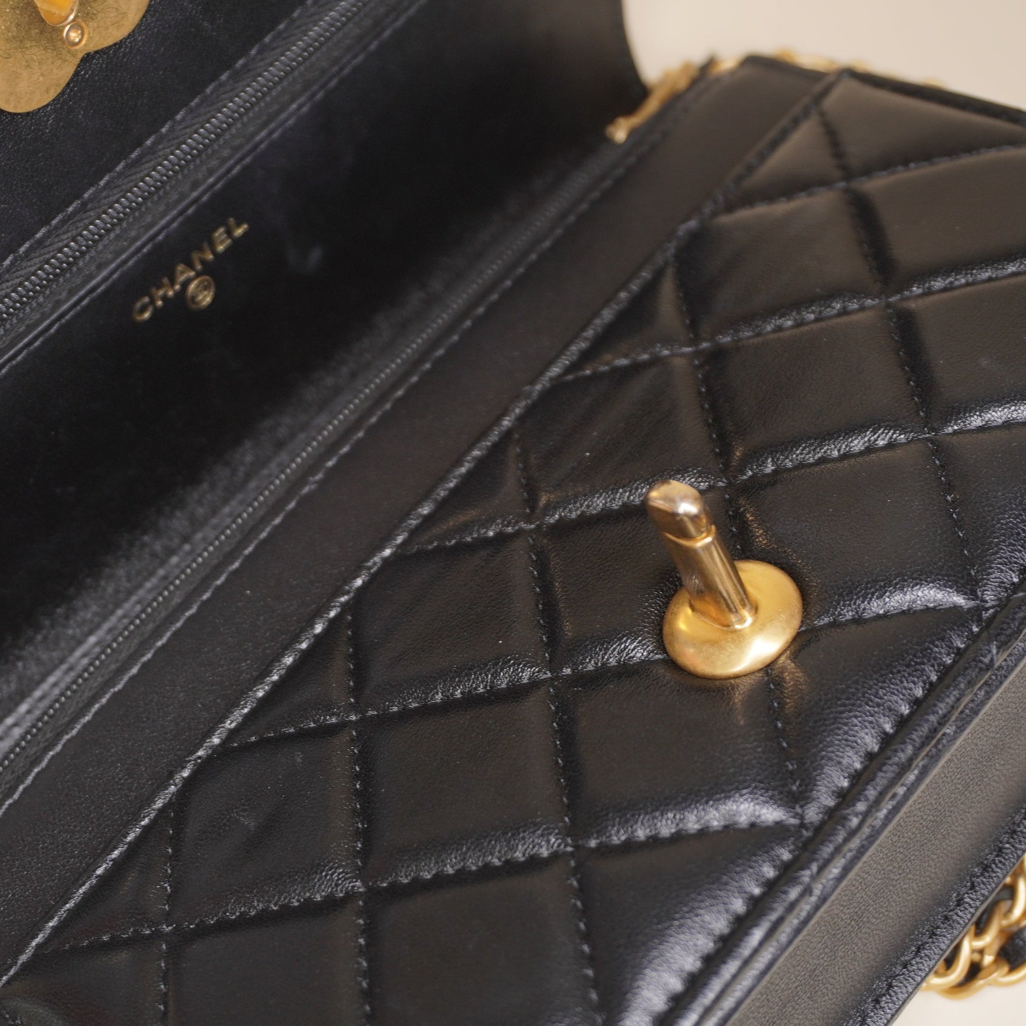 PRE-OWNED Lambskin Plexiglass Quilted Coco Love WOC Black