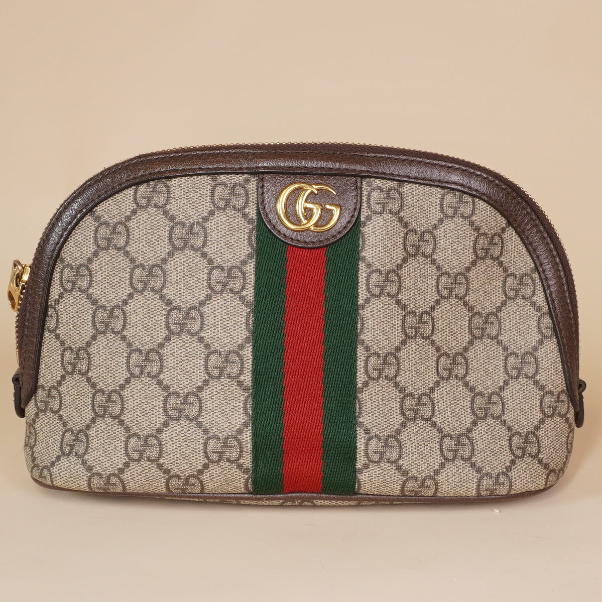 PRE-OWNED GG Supreme Monogram Textured Calfskin Web Large Ophidia Cosmetic Case