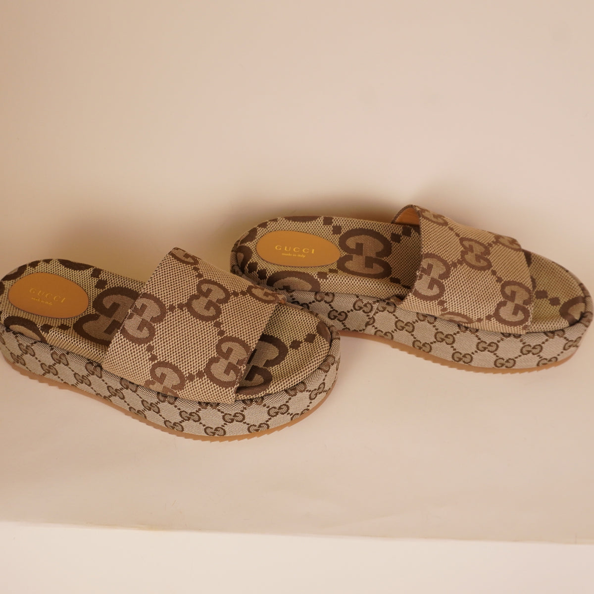 PRE-OWNED GG Monogram Maxi GG Angelina Platform Slide Sandals Camel Ebony