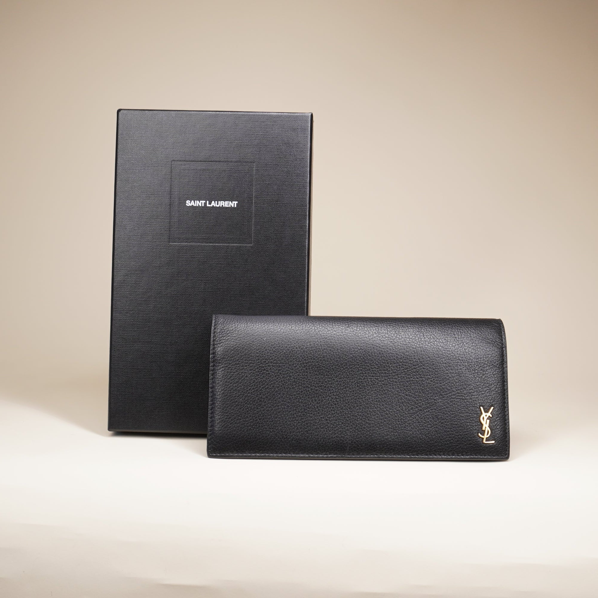 PRE-OWNED YLS Tiny Cassandre Flat Wallet Grained Leather Black