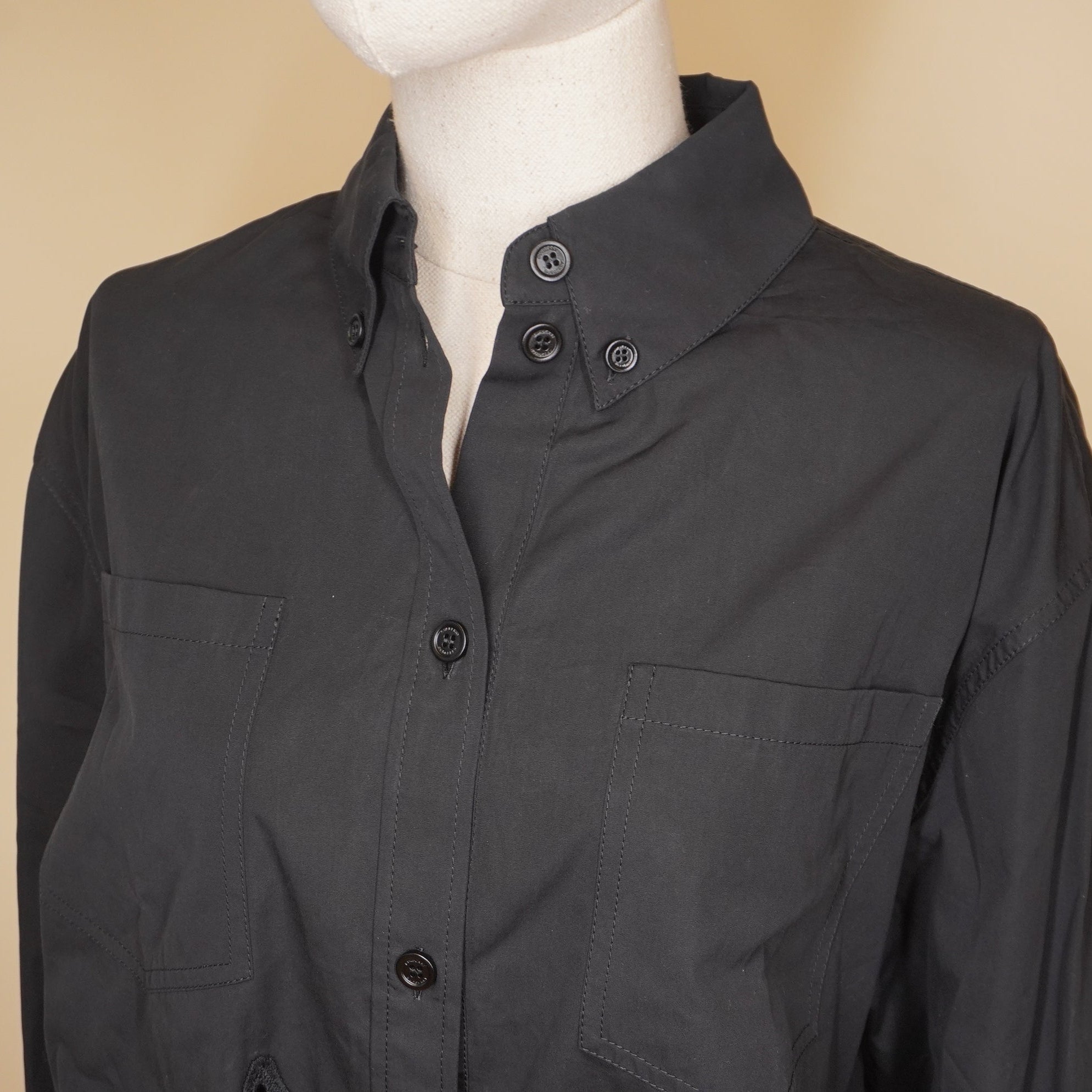 PRE-OWNED Macrame Lace Hem Cotton Cropped Shirt Black M