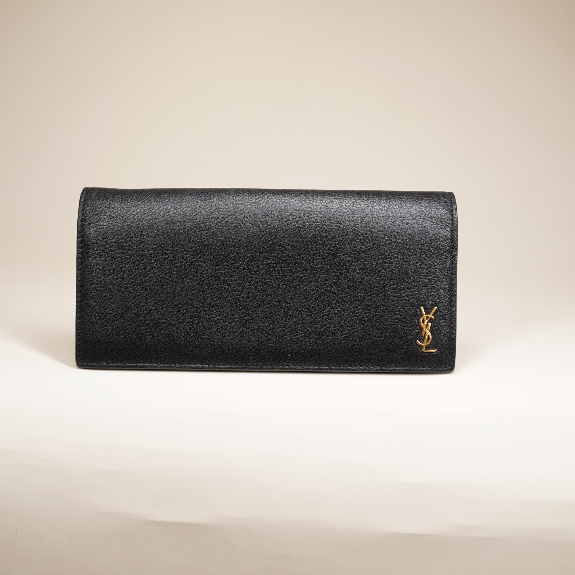 PRE-OWNED YLS Tiny Cassandre Flat Wallet Grained Leather Black