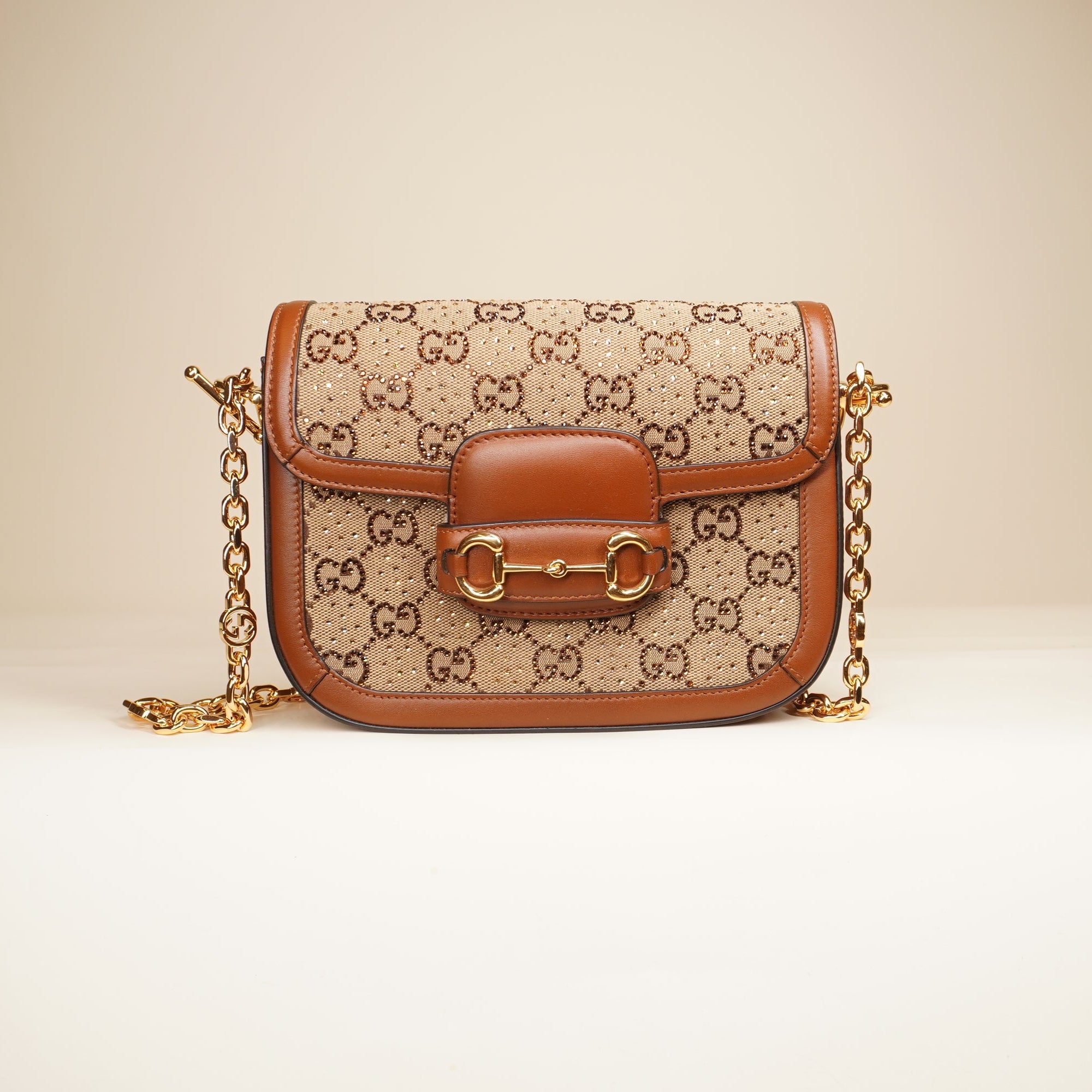 PRE-OWNED Calfskin Crystal GG Monogram Mini Horsebit 1955 Shoulder Bag