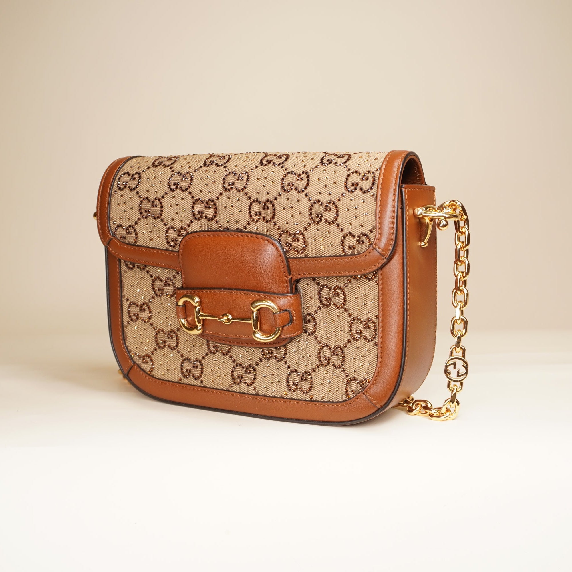 PRE-OWNED Calfskin Crystal GG Monogram Mini Horsebit 1955 Shoulder Bag