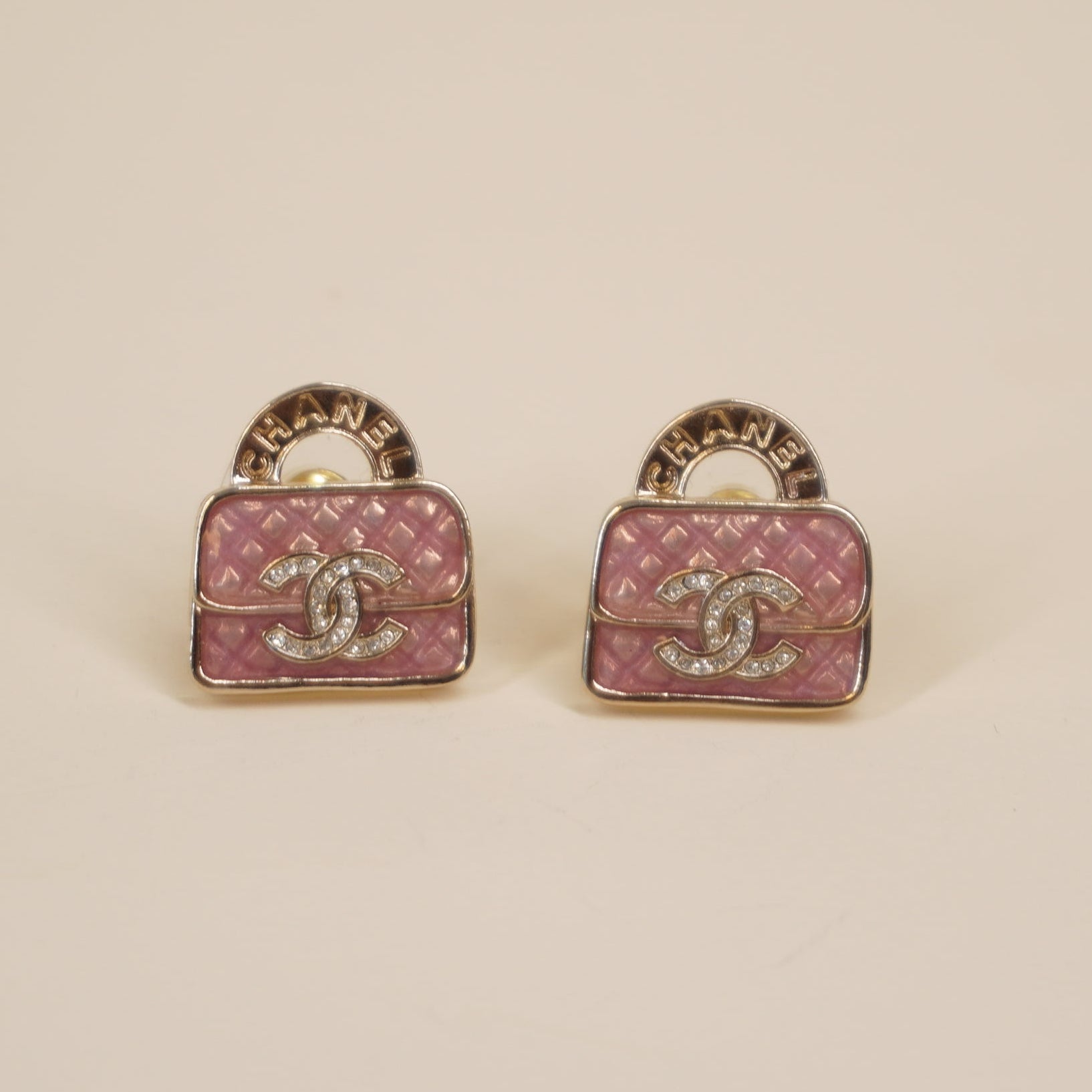 PRE-OWNED CC Earrings Gold Pink Clear Hardware Rhinestones