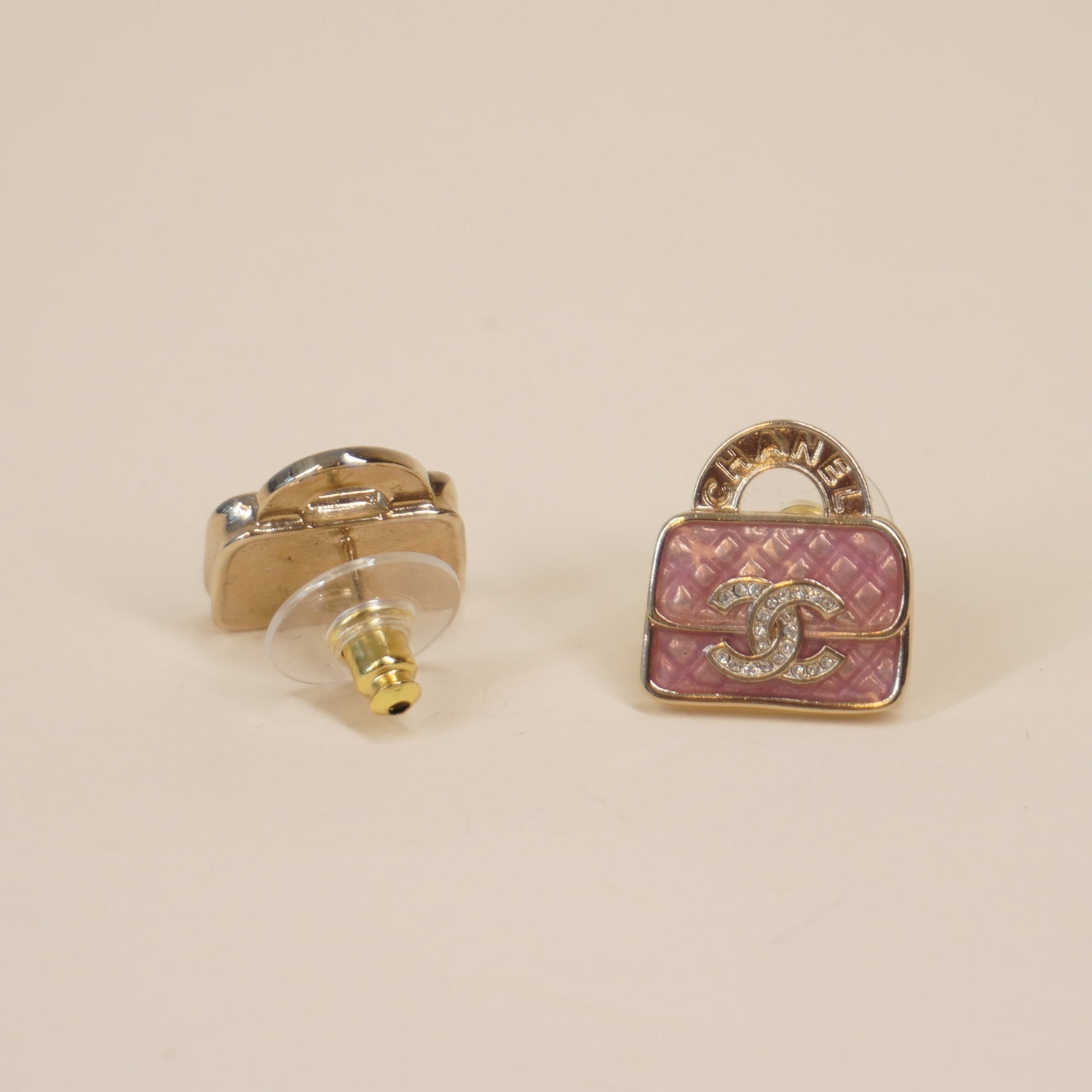 PRE-OWNED CC Earrings Gold Pink Clear Hardware Rhinestones