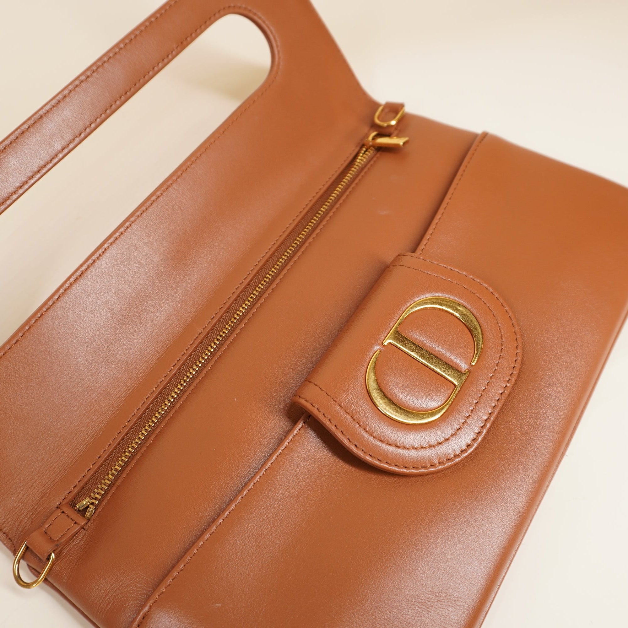 PRE-OWNED Medium Calfskin Dior Double Chain Brown Crossbody Bag