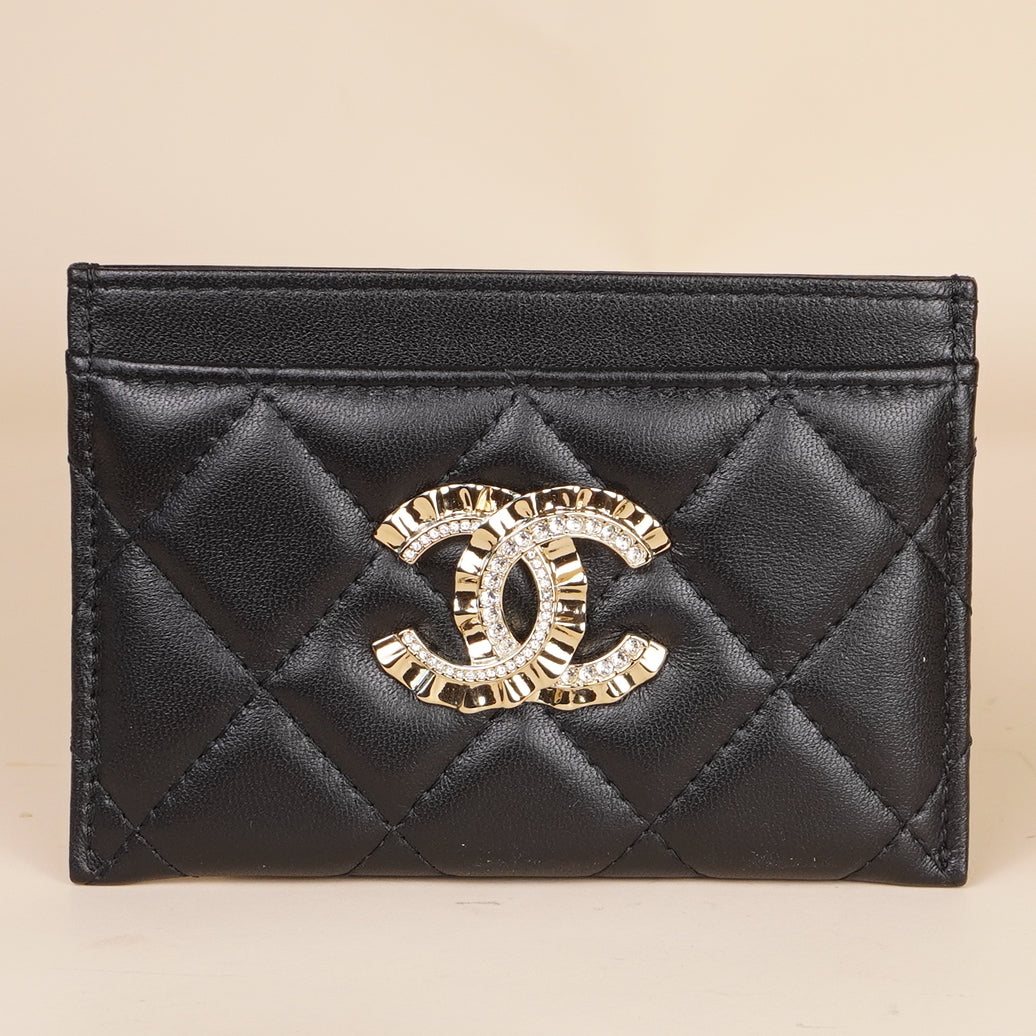 PRE-OWNED CC Quilted Crystal & Pleated Card Holder