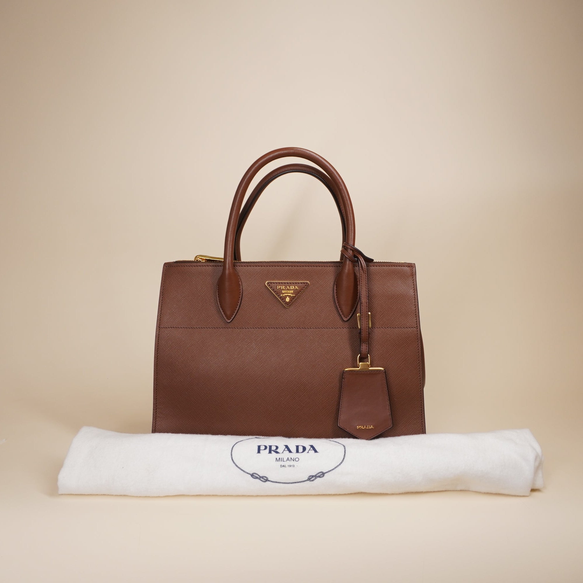 PRE-OWNED Saffiano Leather Paradigme  Brown Tote Shoulder Bag