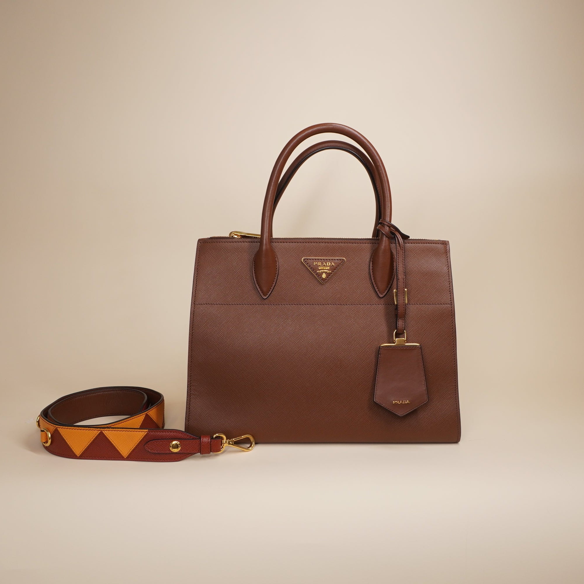 PRE-OWNED Saffiano Leather Paradigme  Brown Tote Shoulder Bag