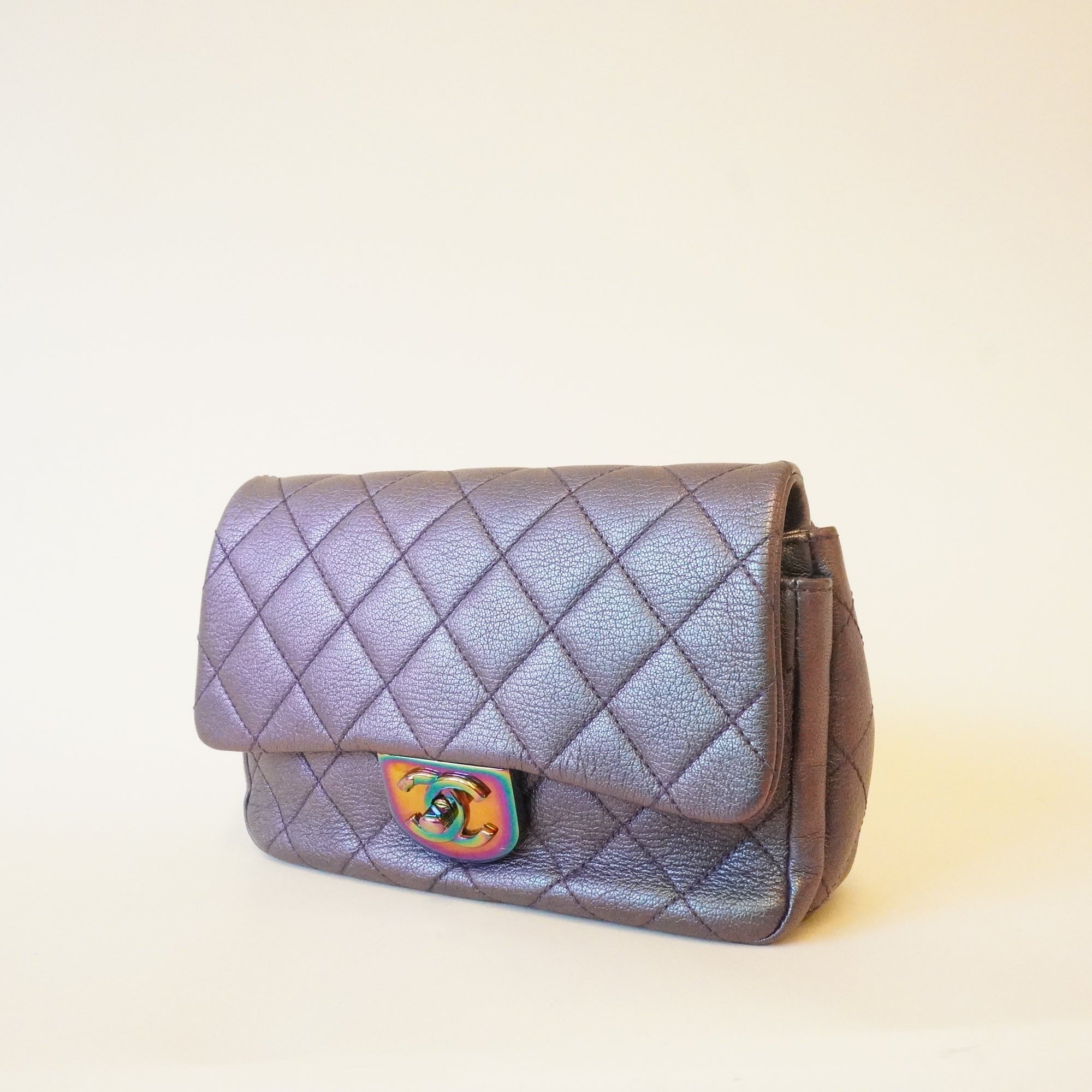 PRE-OWNED CC Purple Iridescent Quilted Lambskin Double Carry Waist Chain Small Flap Bag