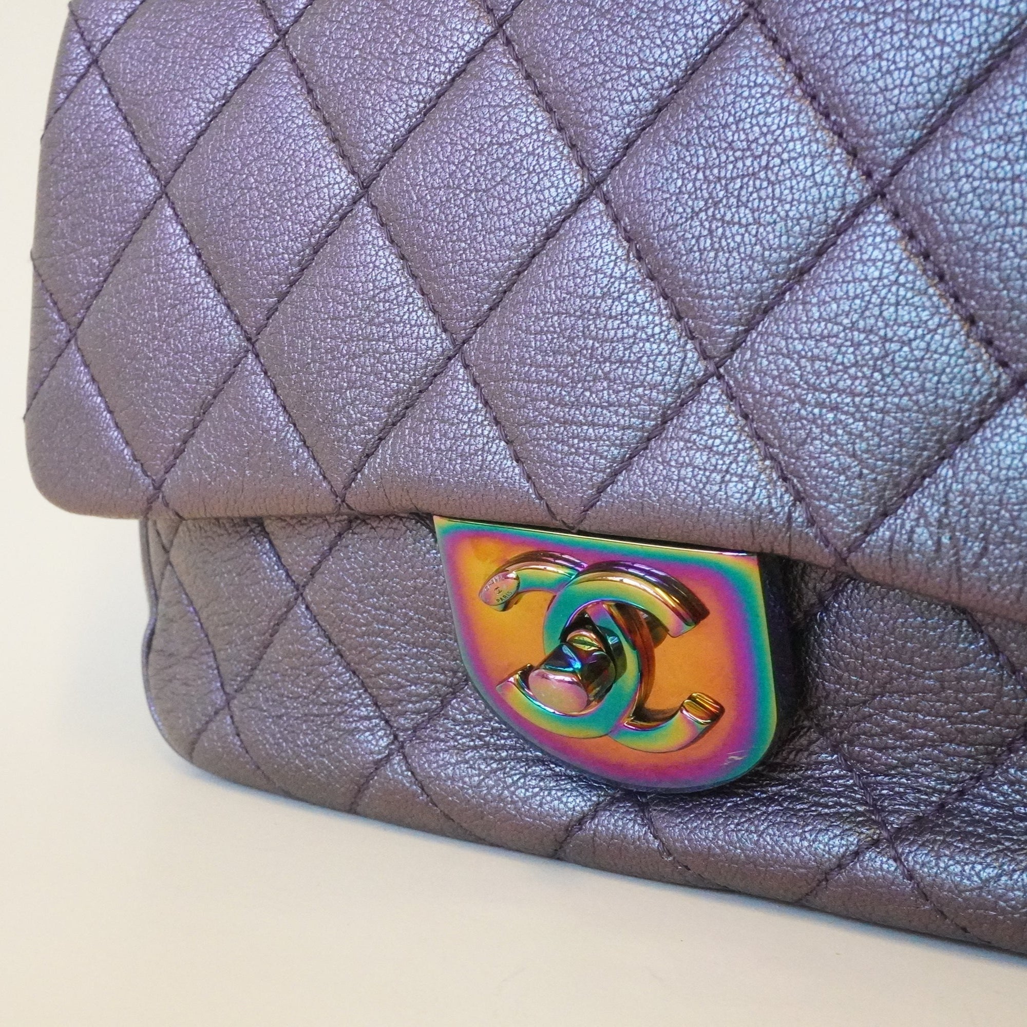 PRE-OWNED CC Purple Iridescent Quilted Lambskin Double Carry Waist Chain Small Flap Bag