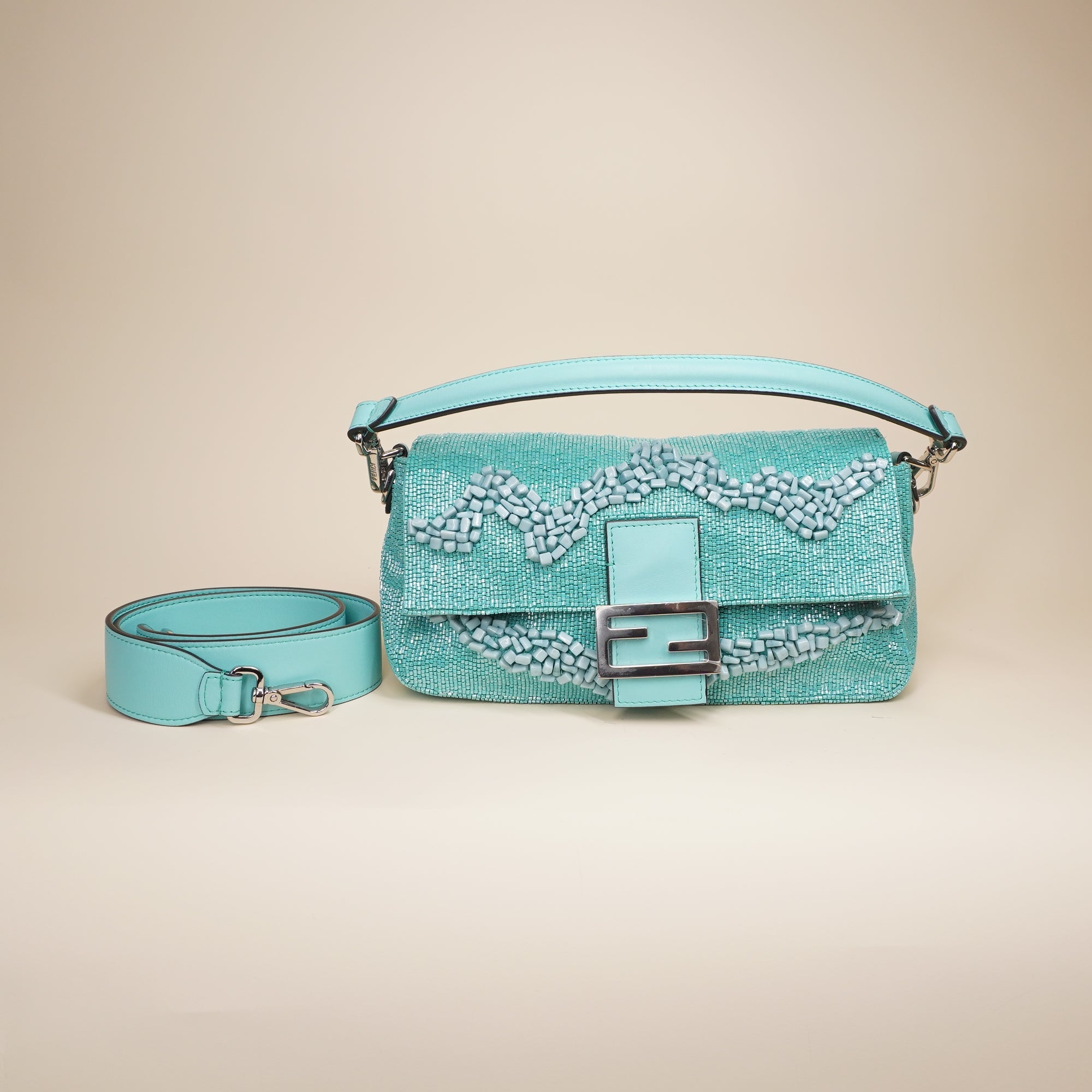 PRE-OWNED FF Turquoise Rolling Stone Vitello Seta Bead Embroidered Re-Edition Baguette
