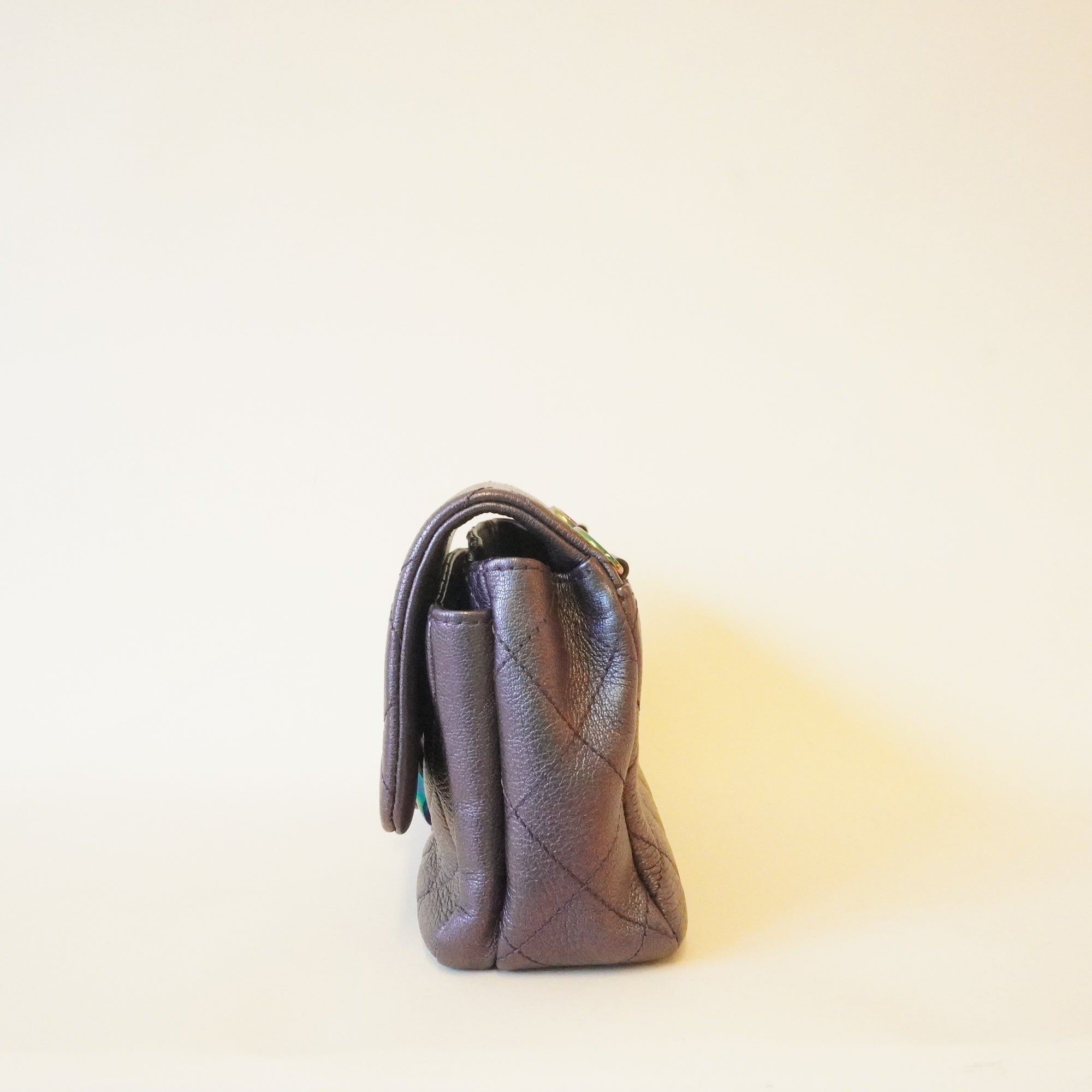 PRE-OWNED CC Purple Iridescent Quilted Lambskin Double Carry Waist Chain Small Flap Bag