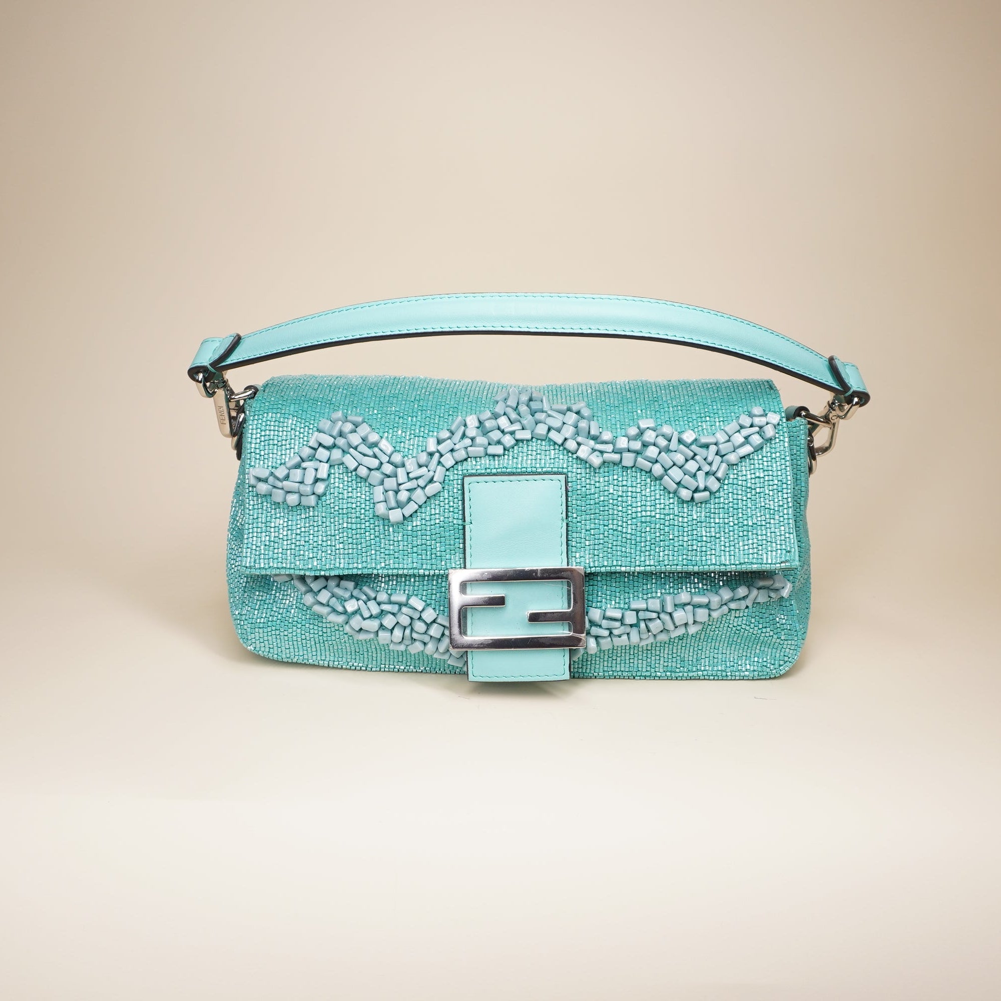 PRE-OWNED FF Turquoise Rolling Stone Vitello Seta Bead Embroidered Re-Edition Baguette