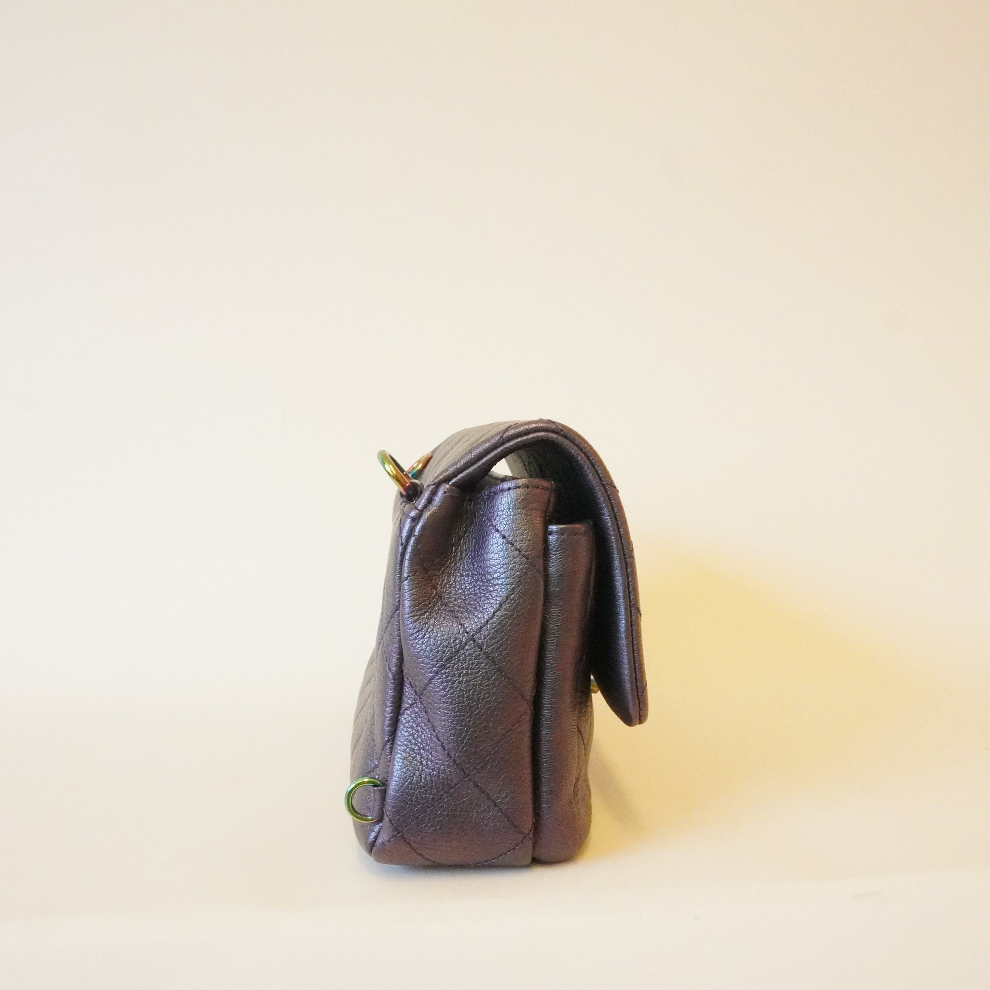 PRE-OWNED CC Purple Iridescent Quilted Lambskin Double Carry Waist Chain Small Flap Bag
